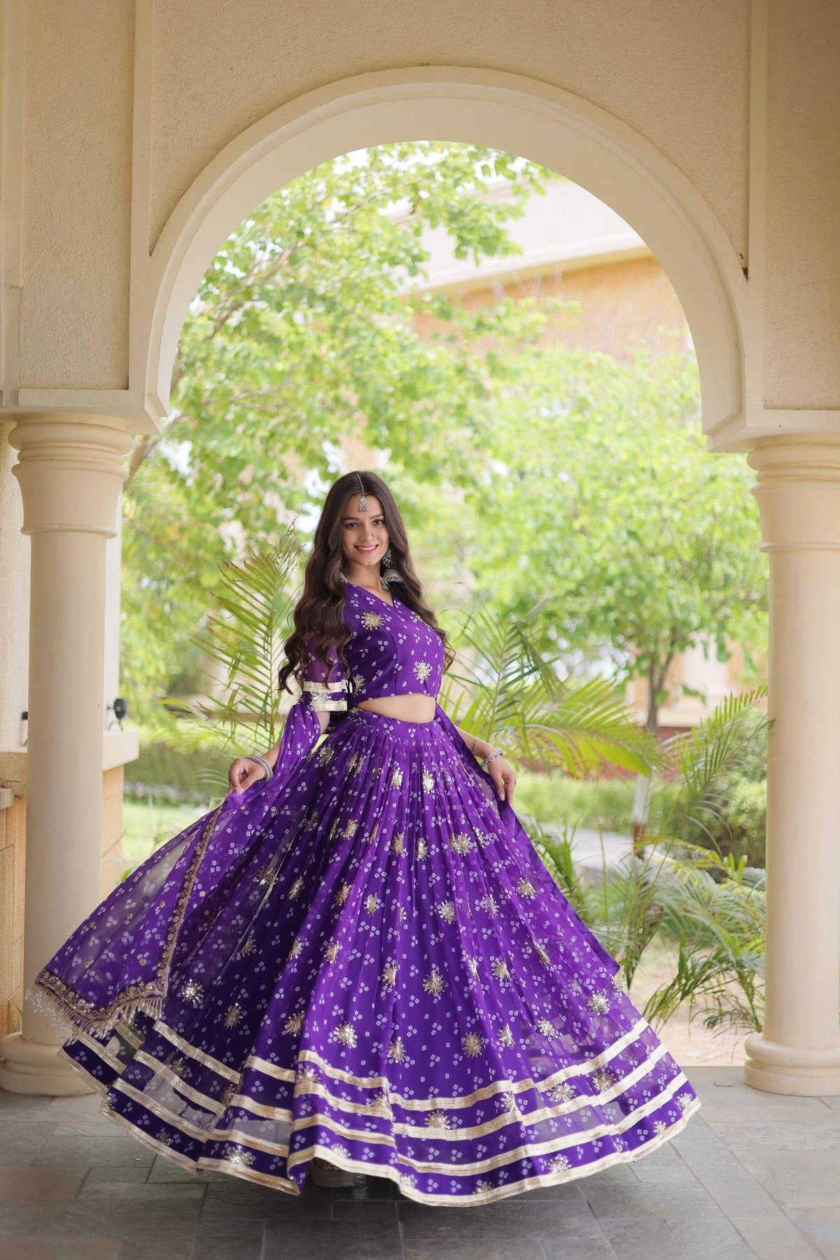 Faux Georgette Printed Lehenga in Black