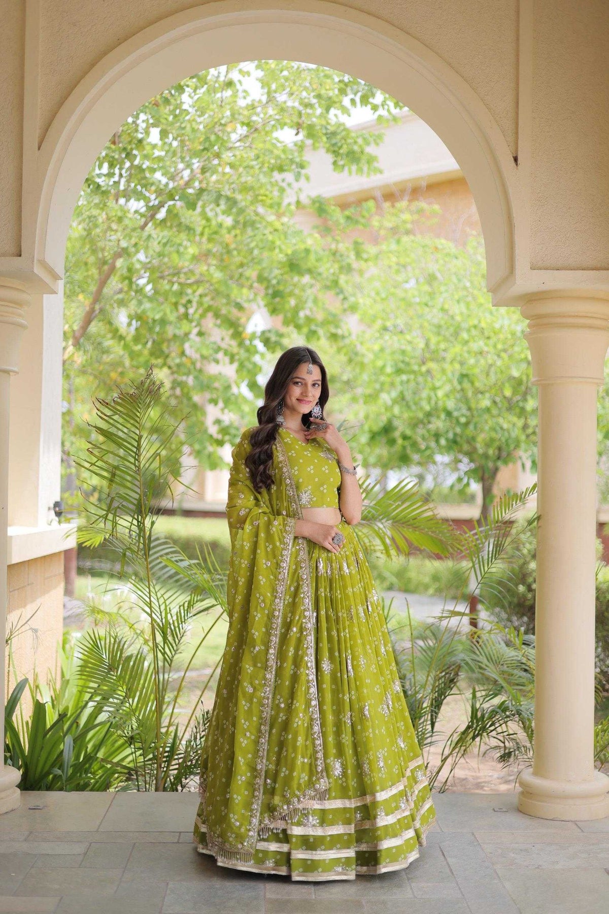 Faux Georgette Printed Lehenga in Rani