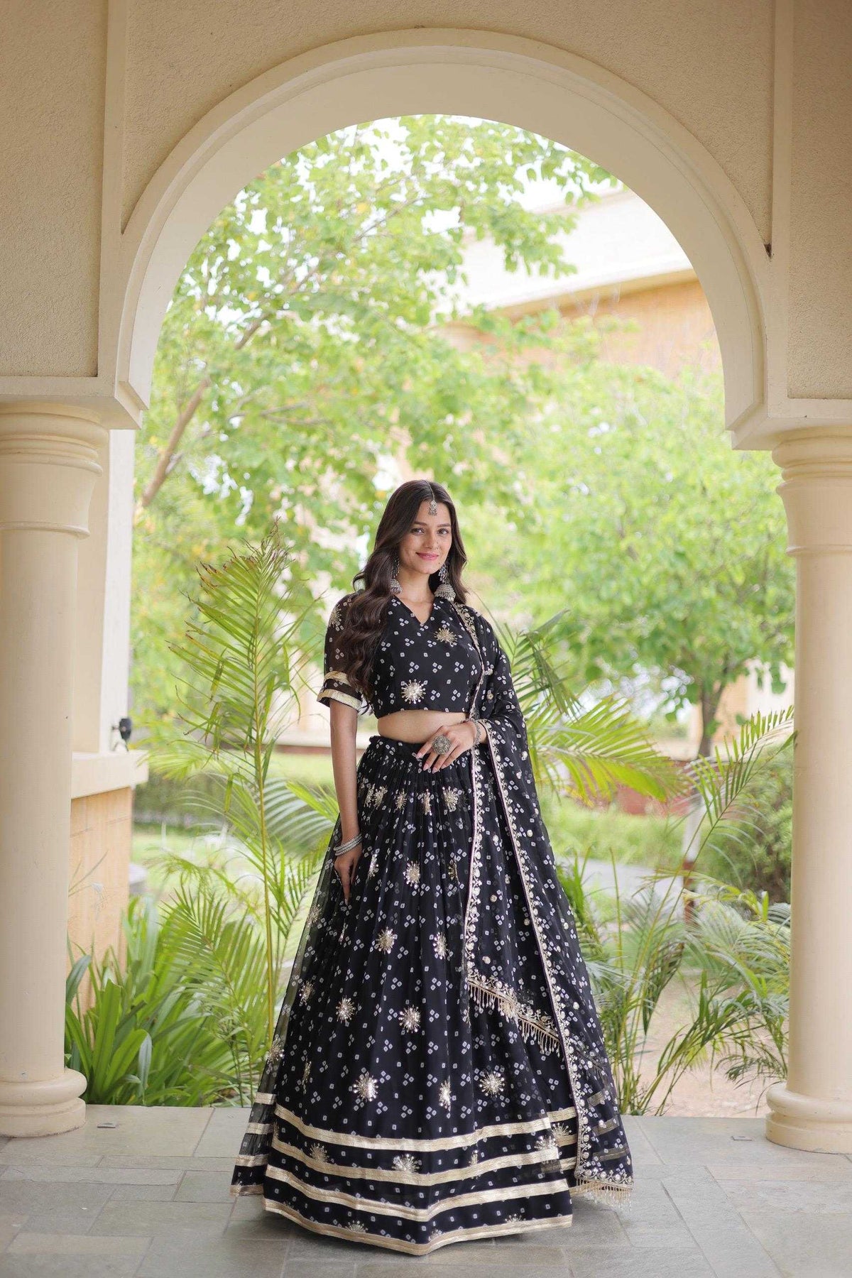 Faux Georgette Printed Lehenga in Rani