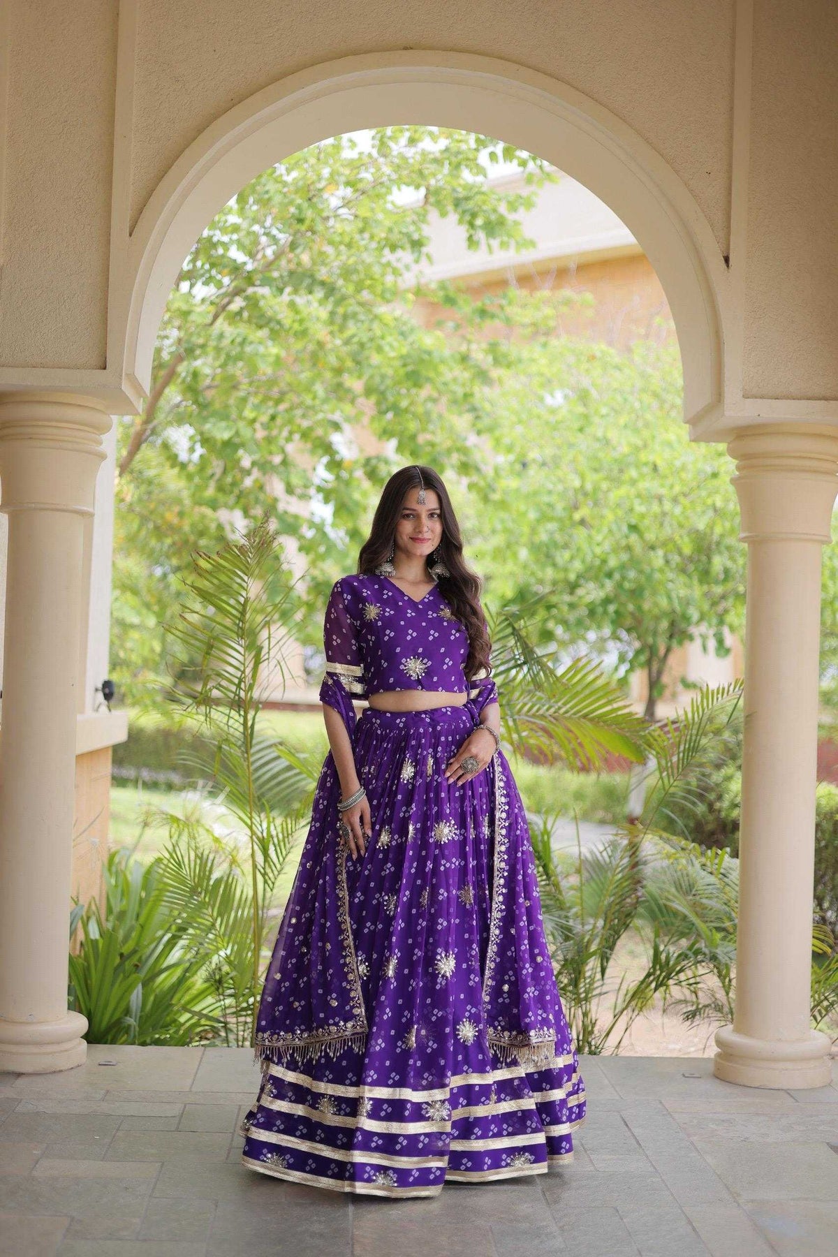 Faux Georgette Printed Lehenga in Rani