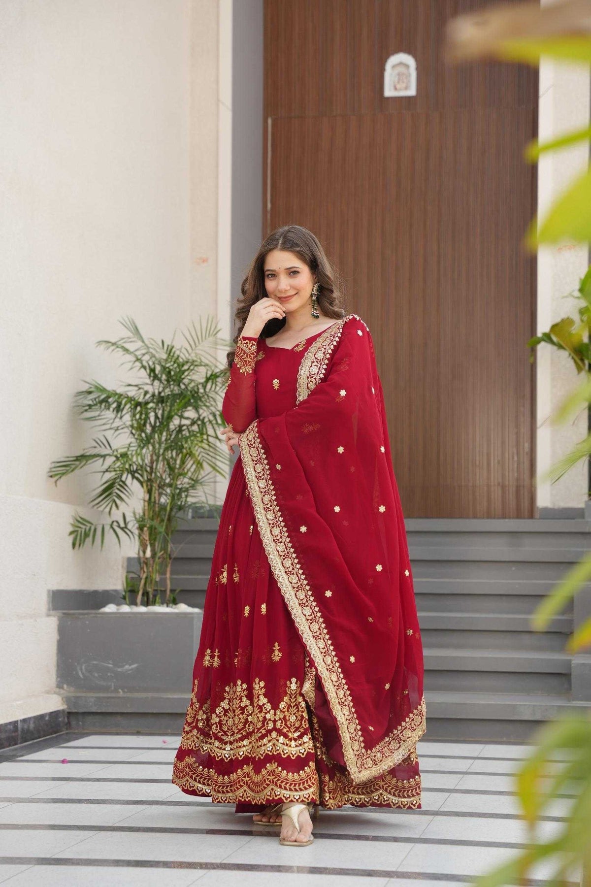 Faux Blooming Embroidery Gown in Red
