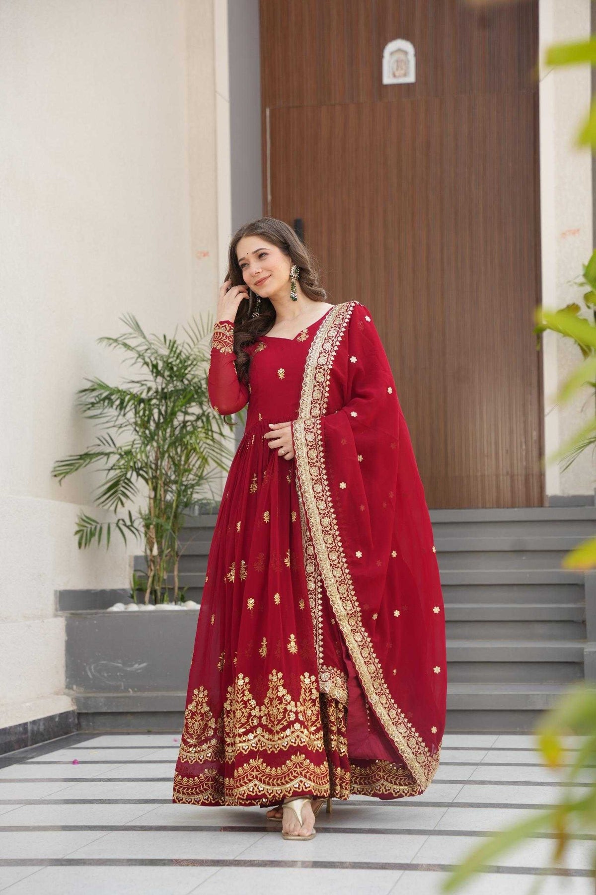 Faux Blooming Embroidery Gown in Red