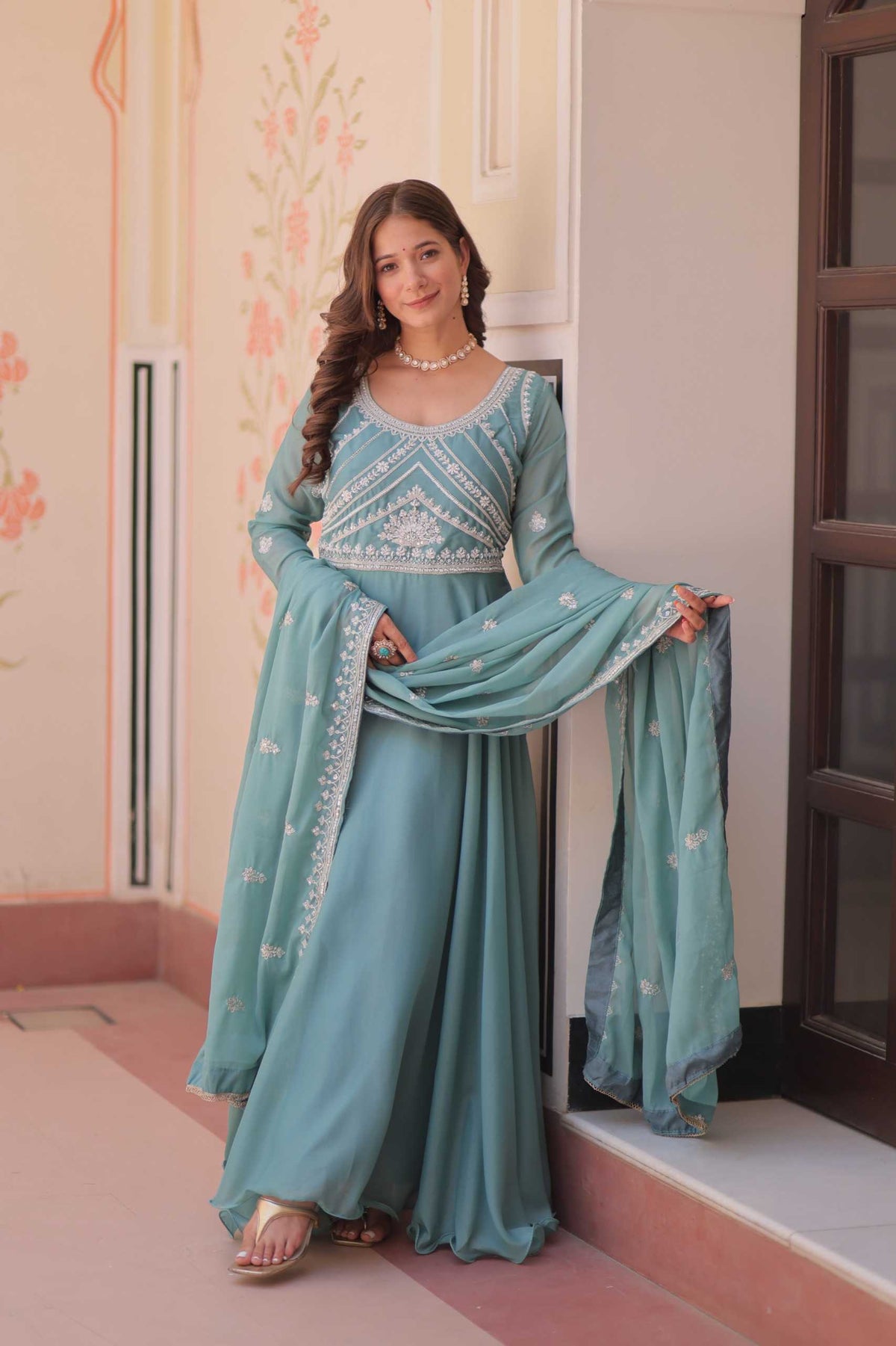 Georgette Embroidery Gown in Sky