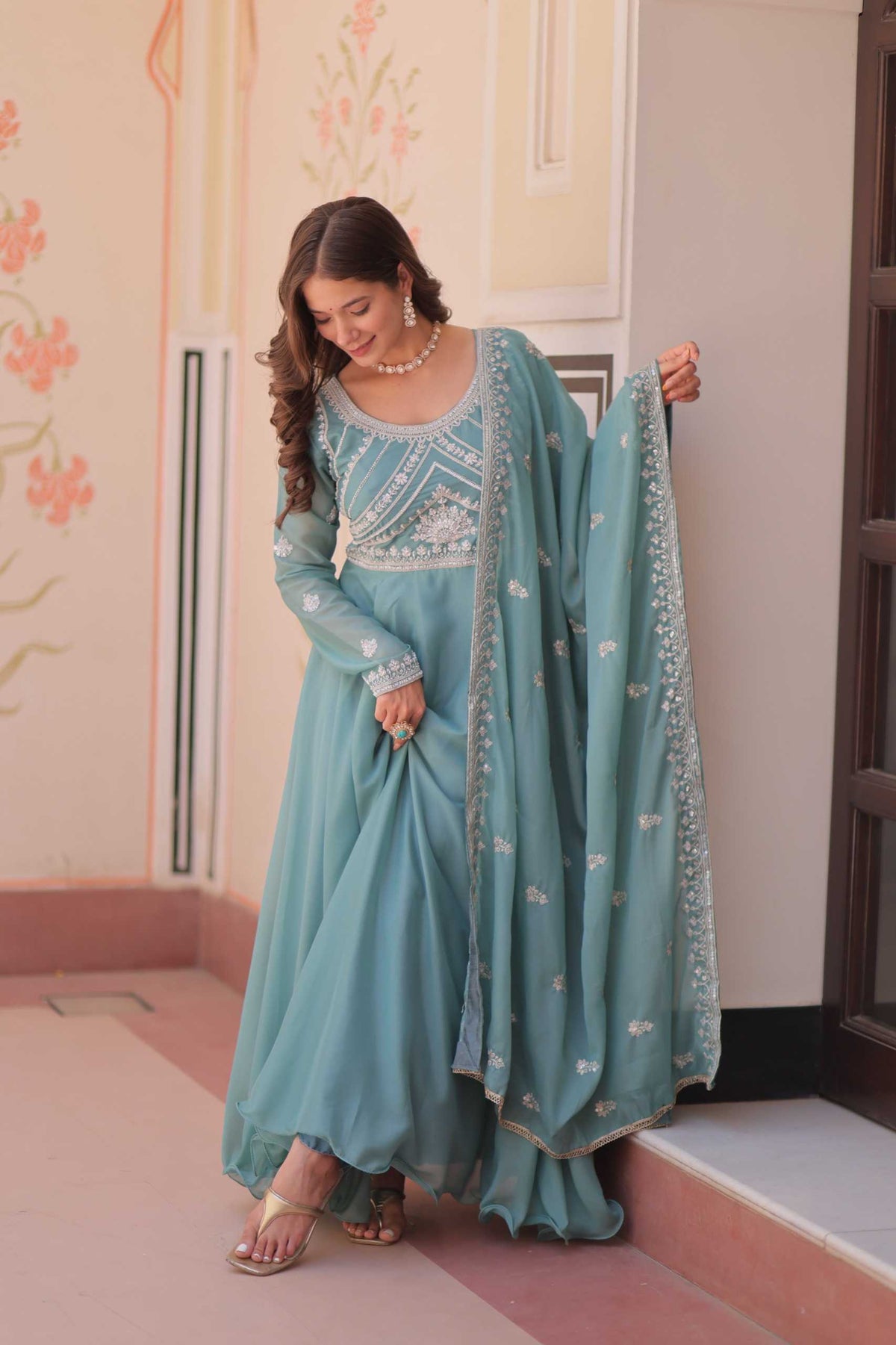 Georgette Embroidery Gown in Sky