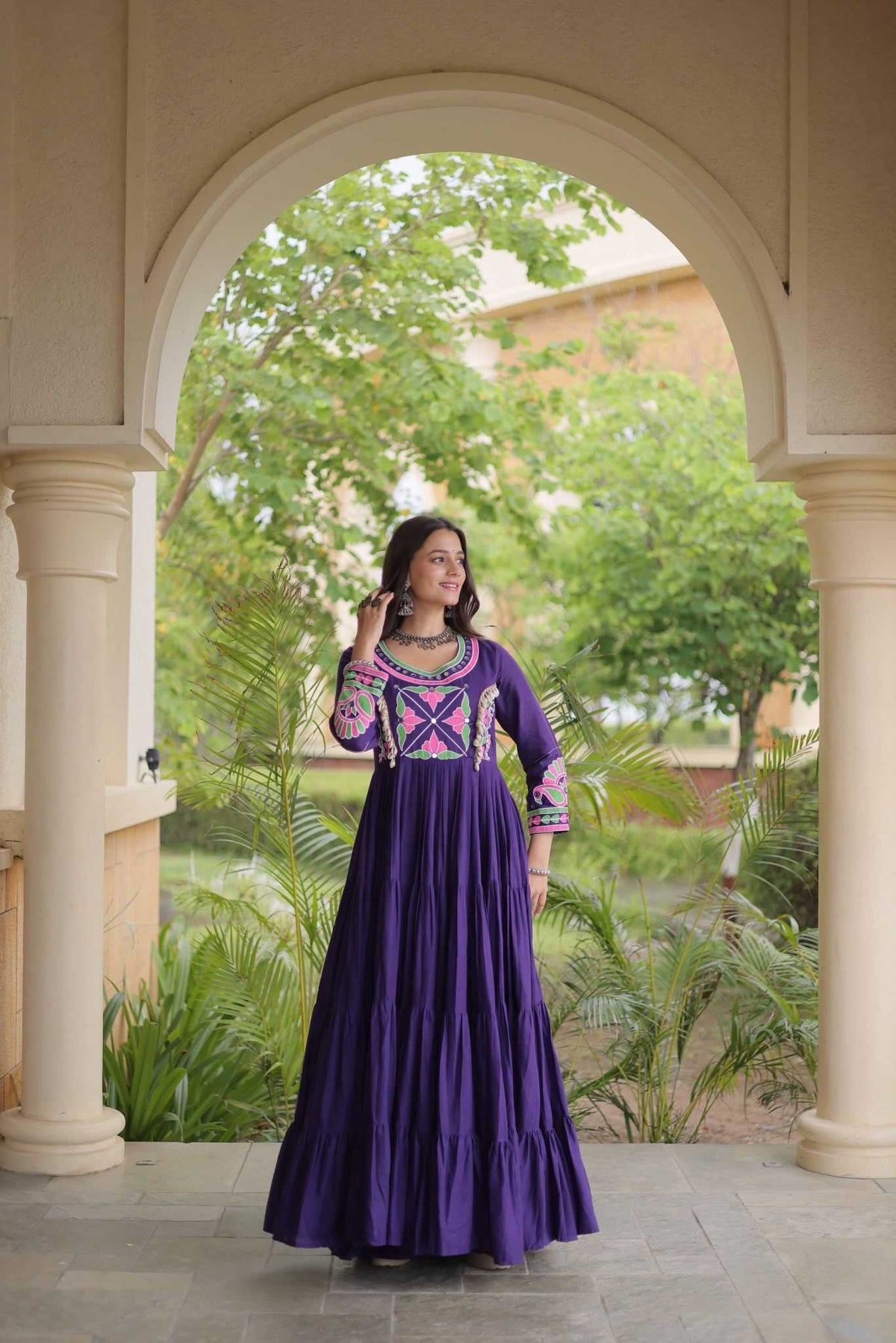 Cotton Embroidery Gown in Violet