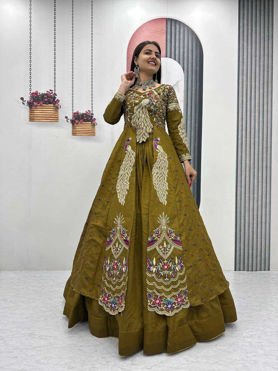 Vichitra Silk Designer Lehenga in Mehndi