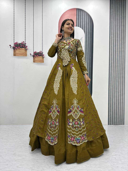 Vichitra Silk Designer Lehenga in Mehndi