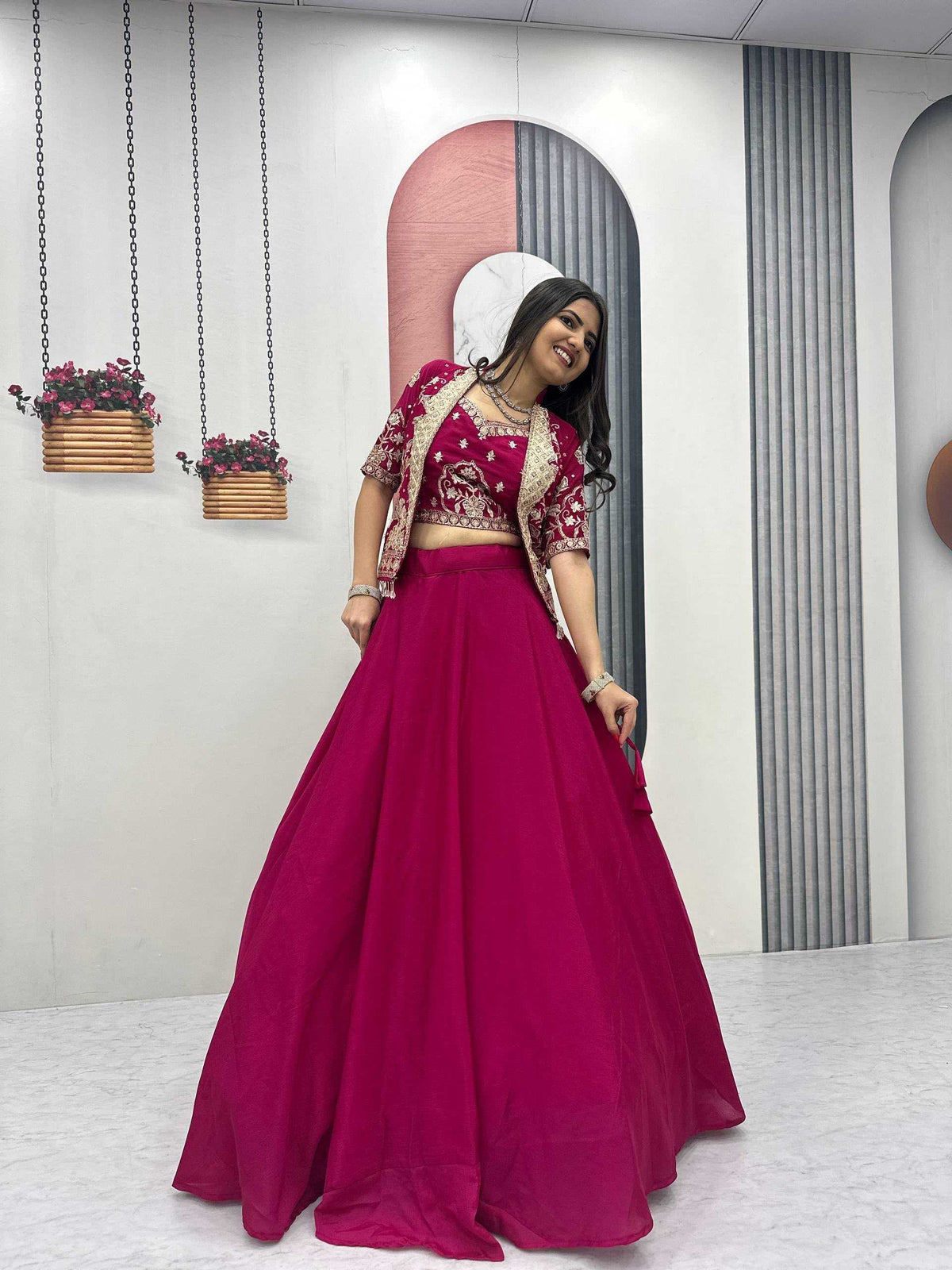 Chinon Embroidered Lehenga in Pink
