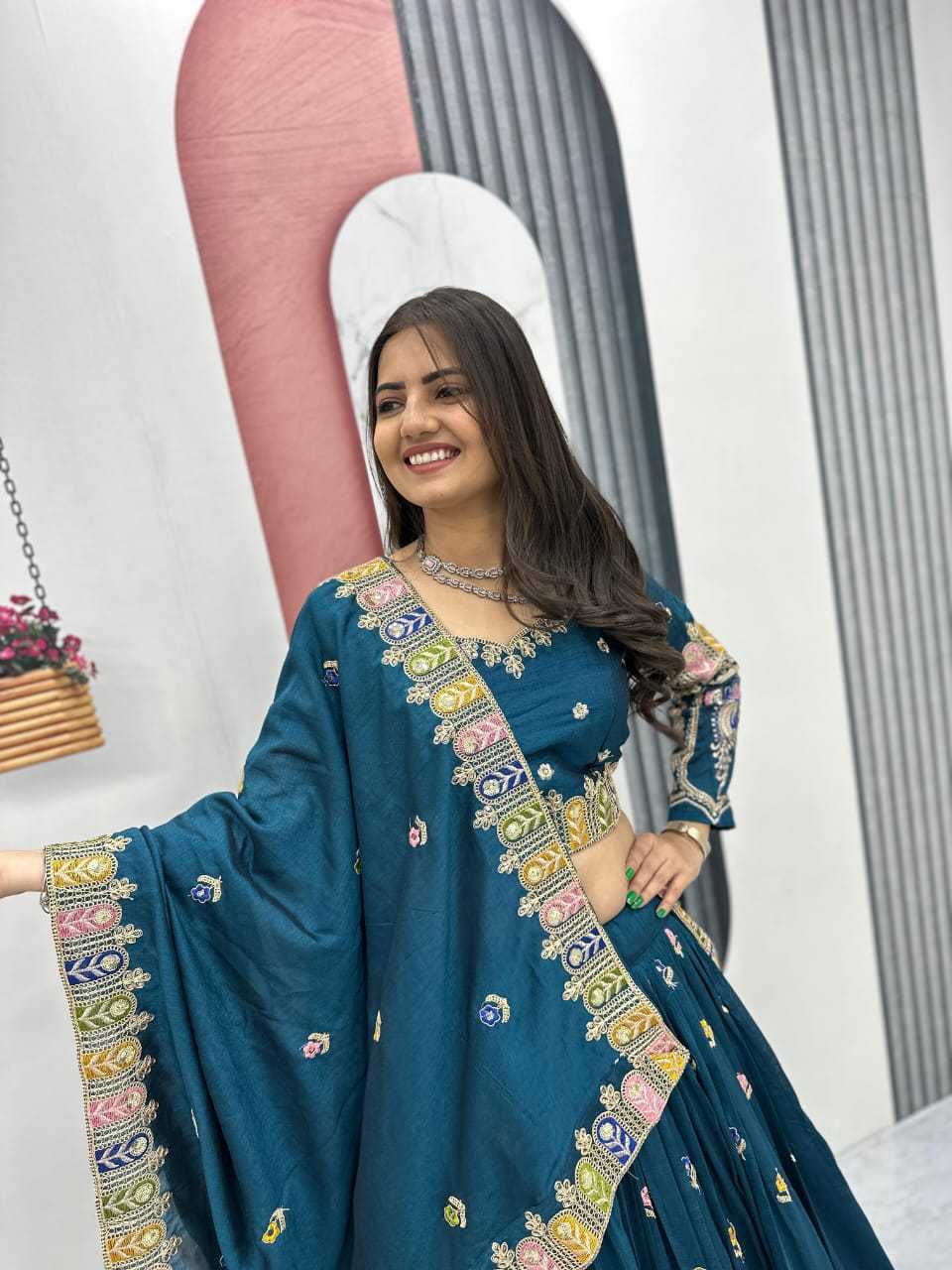 Soft Vichitra Embroidered Lehenga