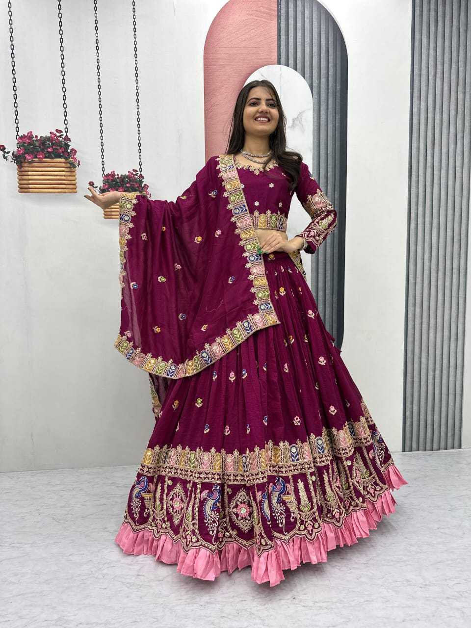Soft Vichitra Embroidered Lehenga