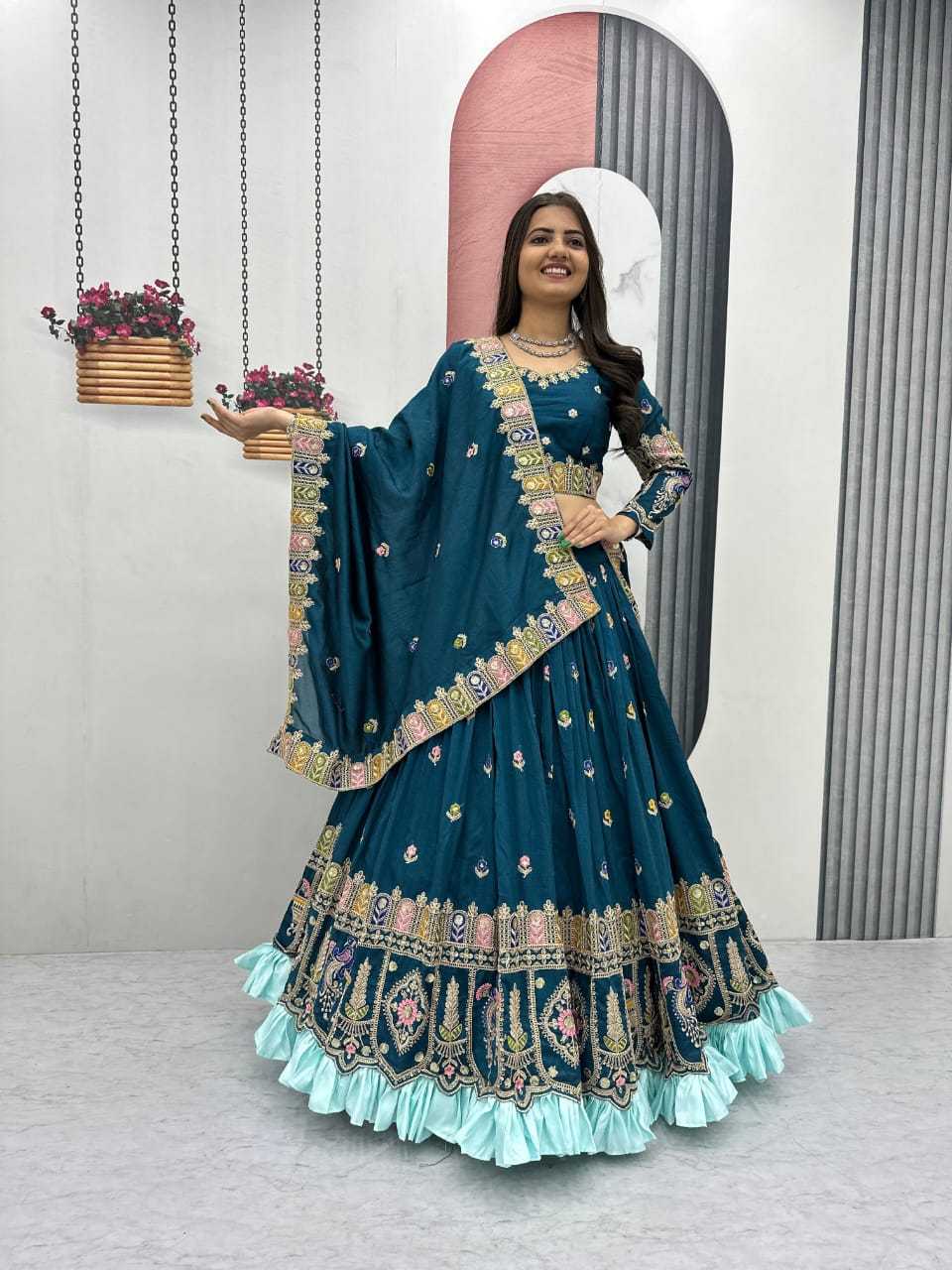 Soft Vichitra Embroidered Lehenga