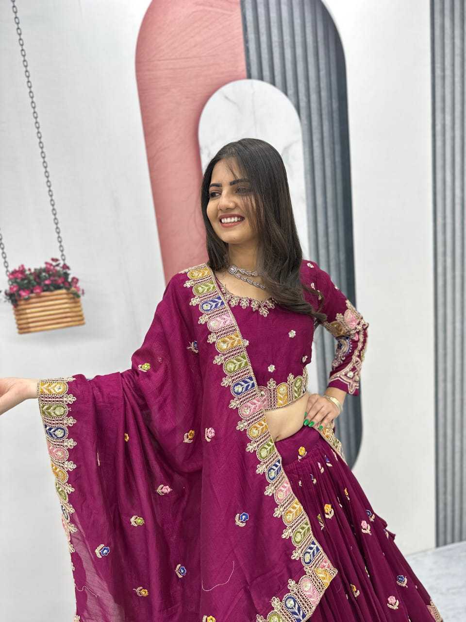 Soft Vichitra Embroidered Lehenga