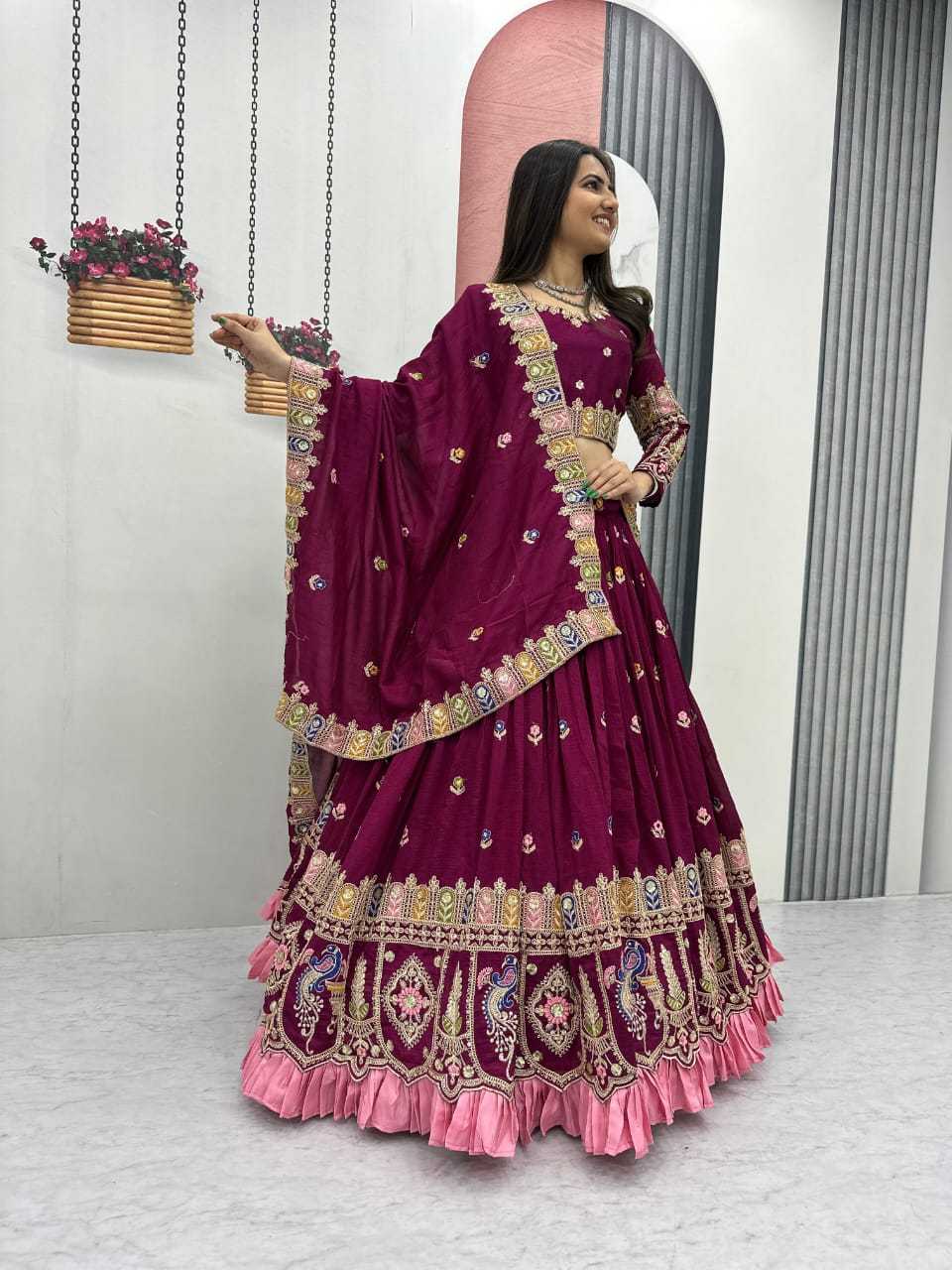 Vichitra Silk Designer Lehenga in Wine