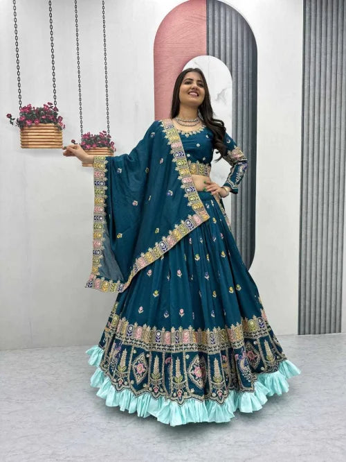 Vichitra Silk Embroidered Lehenga in Deep Blue