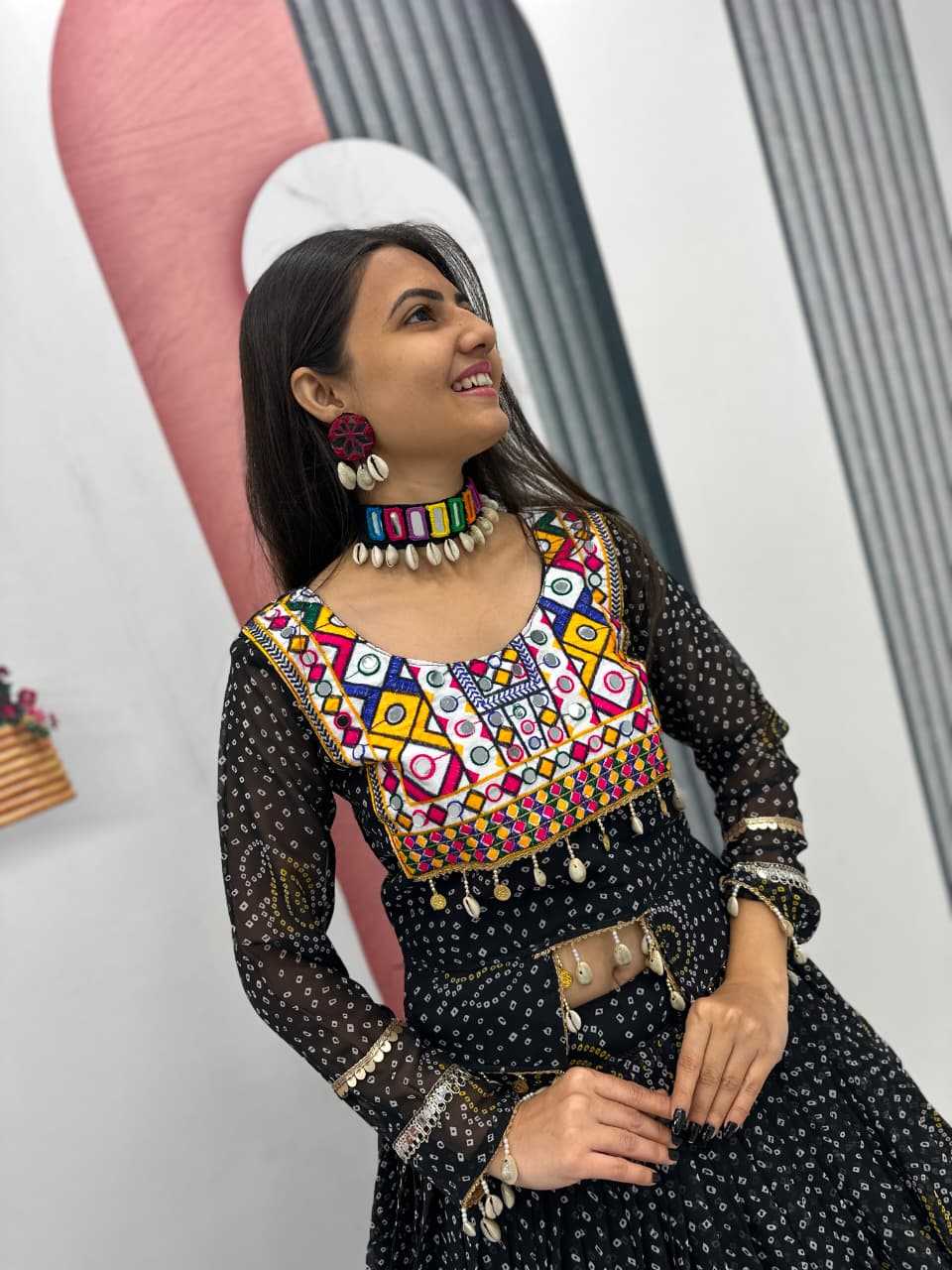 Faux Georgette Embroidered Lehenga in Rani