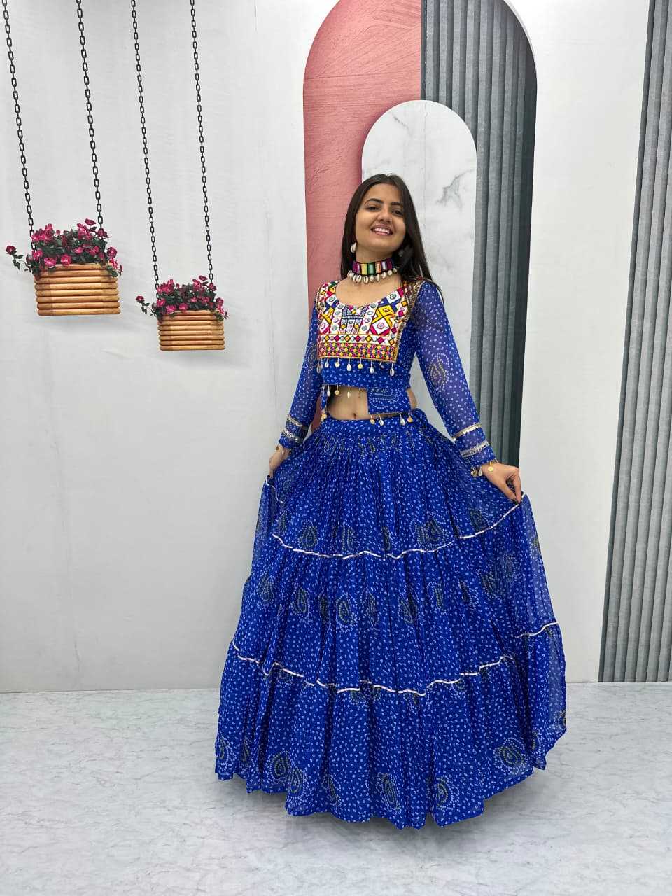 Faux Georgette Embroidered Lehenga in Rani