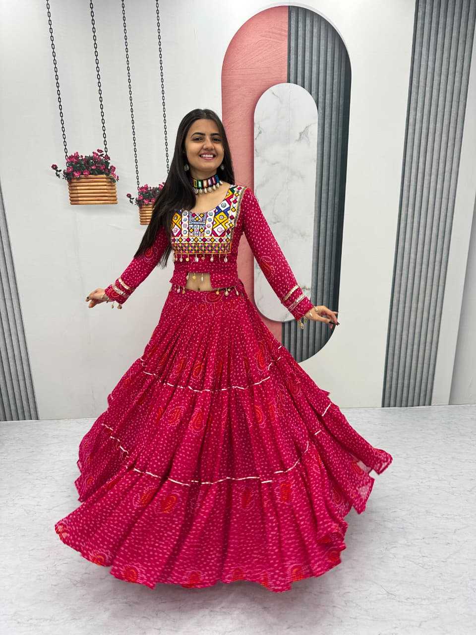 Faux Georgette Embroidered Lehenga in Rani
