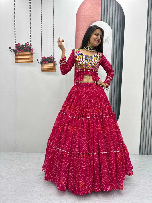 Faux Georgette Embroidered Lehenga in Rani