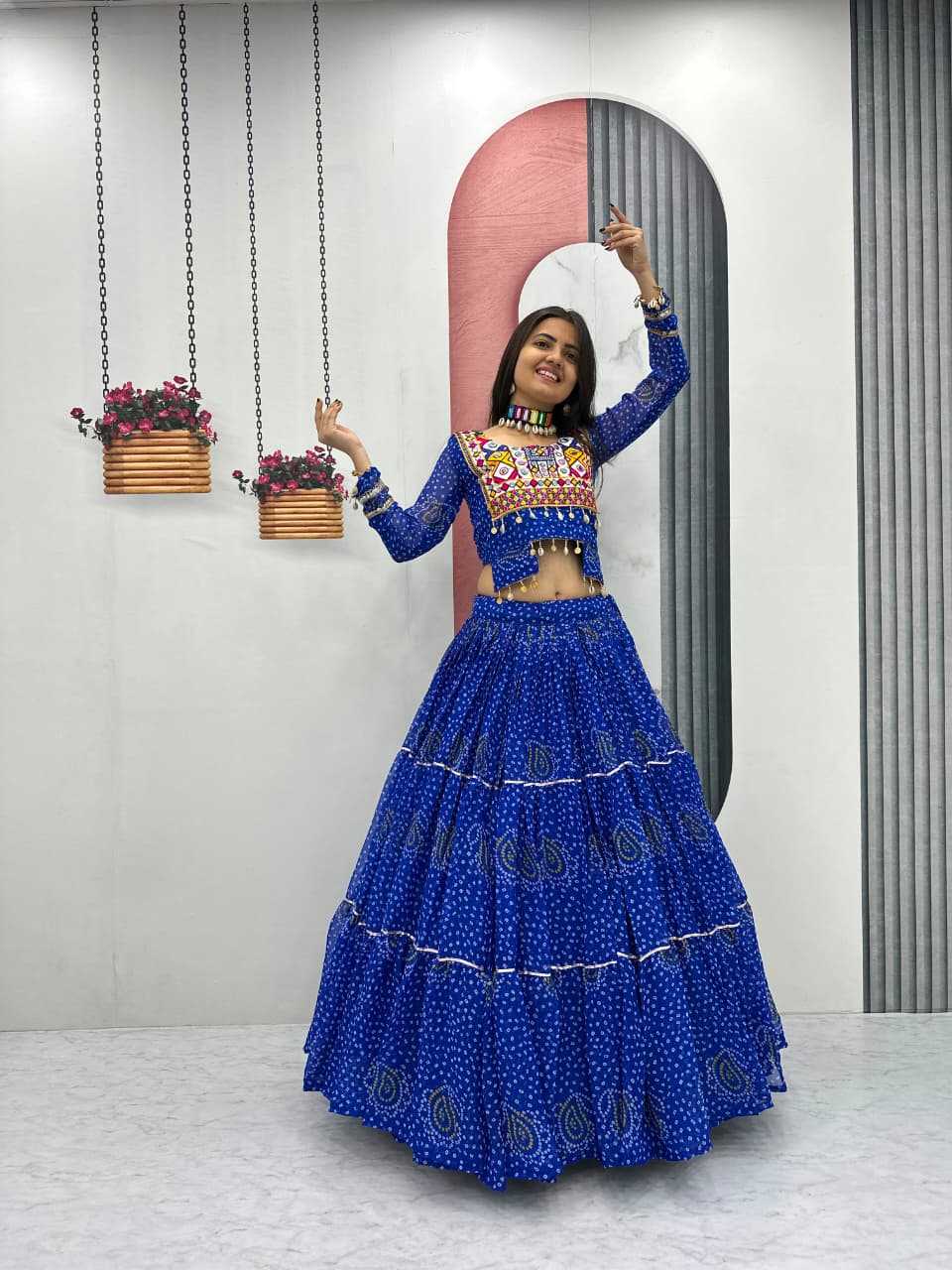 Faux Georgette Embroidered Lehenga in Rani