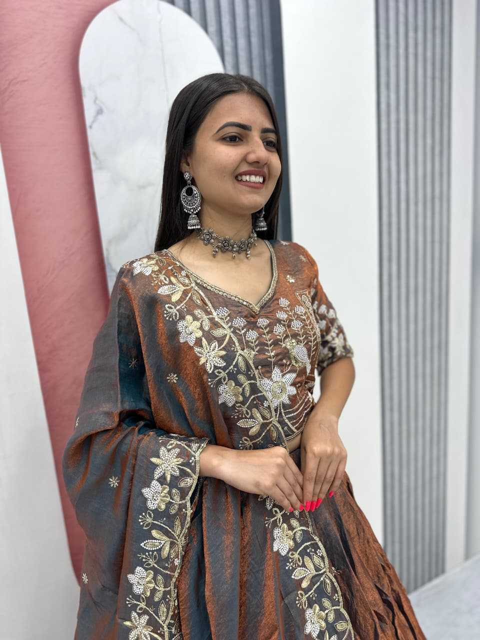 Silk Embroidered Lehenga in Dark Maroon