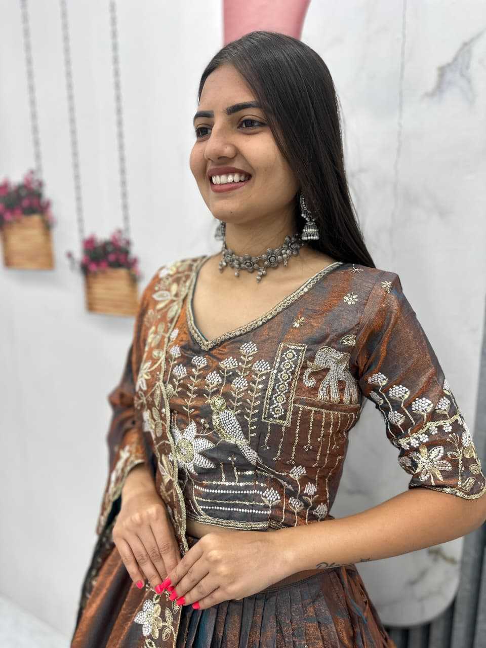 Silk Embroidered Lehenga in Dark Maroon