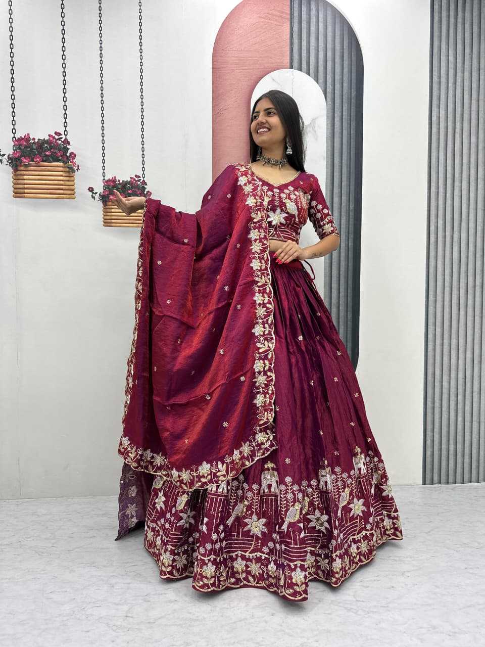 Silk Embroidered Lehenga in Dark Maroon