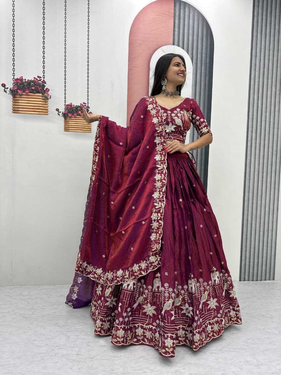 Silk Embroidered Lehenga in Dark Maroon