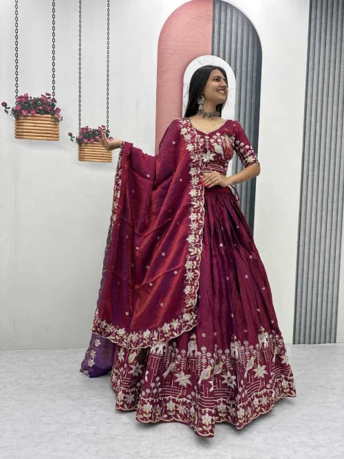 Silk Embroidered Lehenga in Dark Maroon