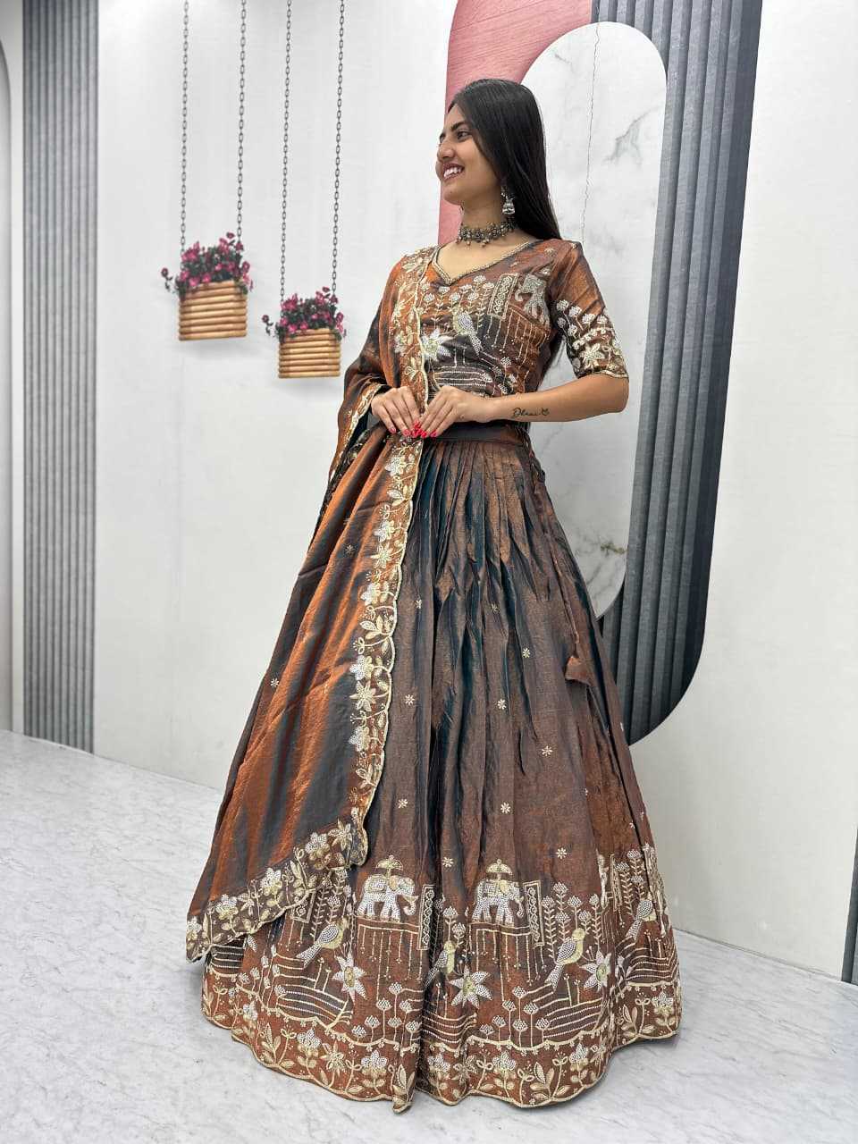 Silk Embroidered Lehenga in Dark Maroon