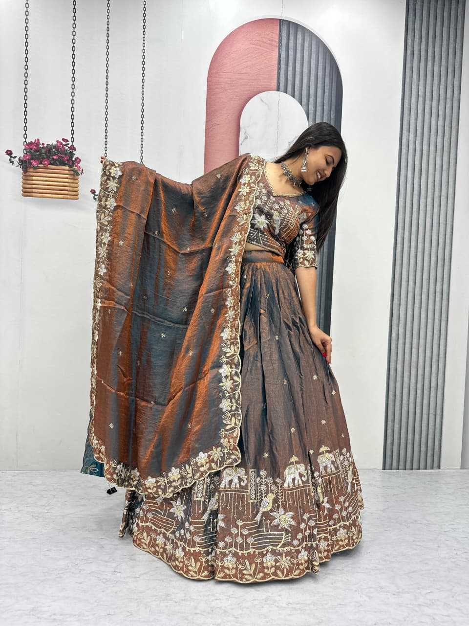 Silk Embroidered Lehenga in Dark Maroon