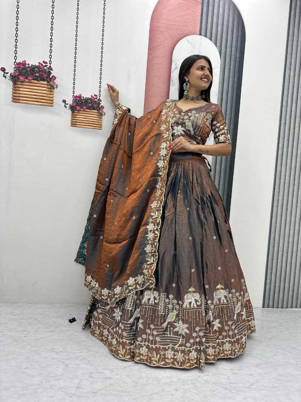 Silk Embroidered Lehenga in Dark Maroon