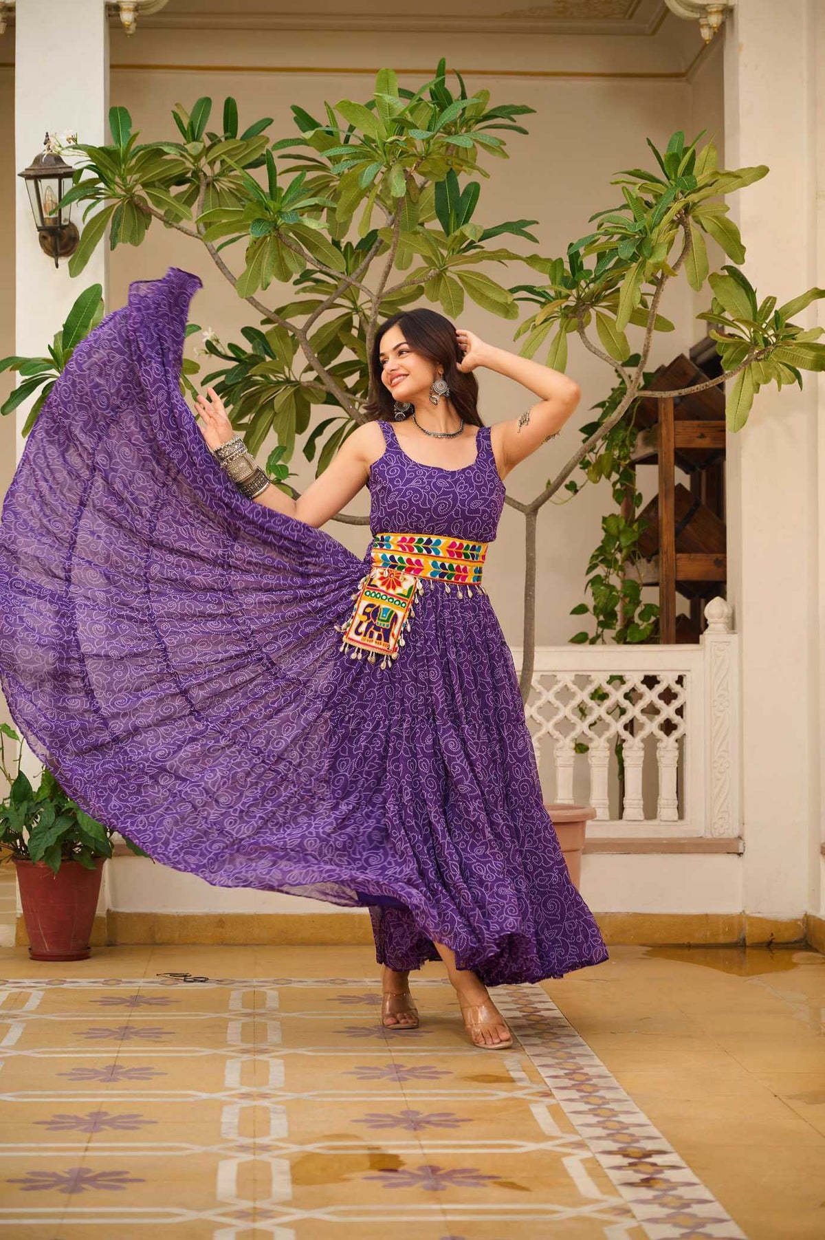 Faux Georgette Printed Gown in Orange