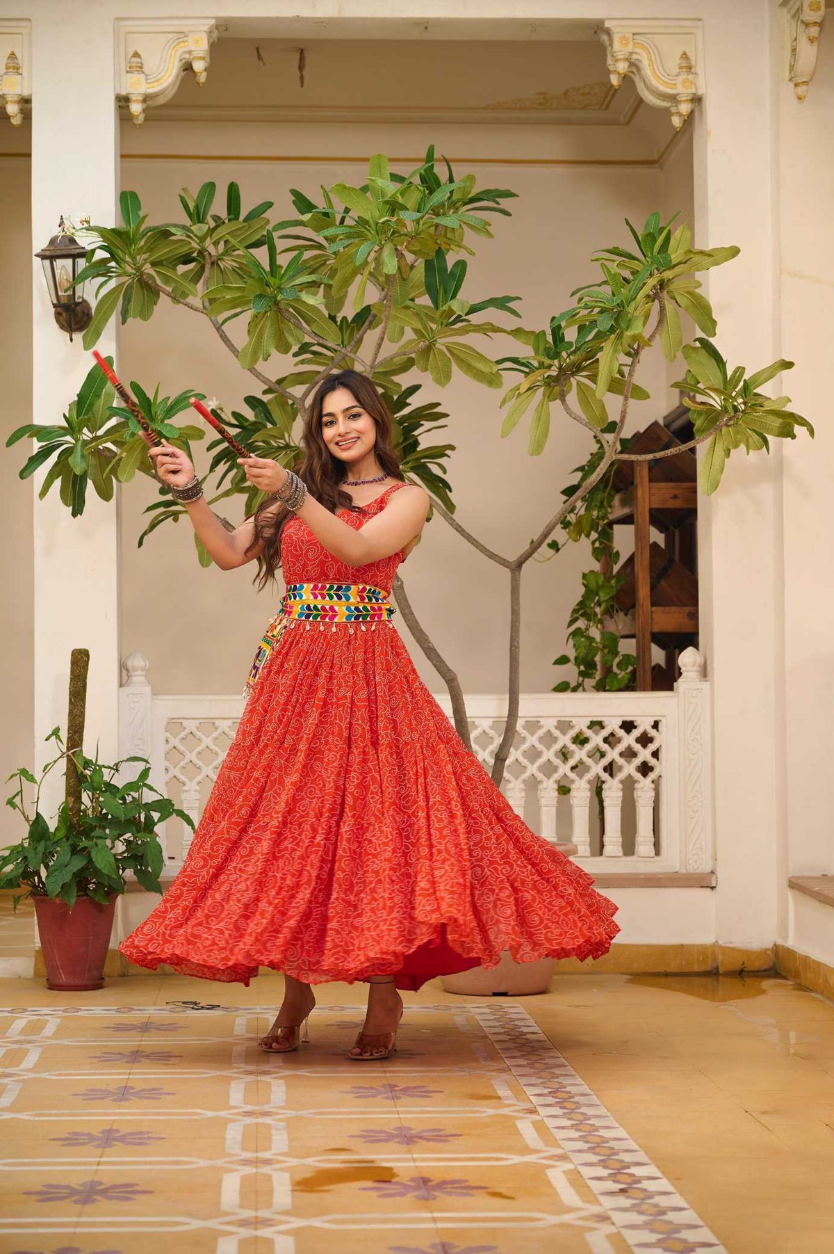 Faux Georgette Printed Gown in Orange