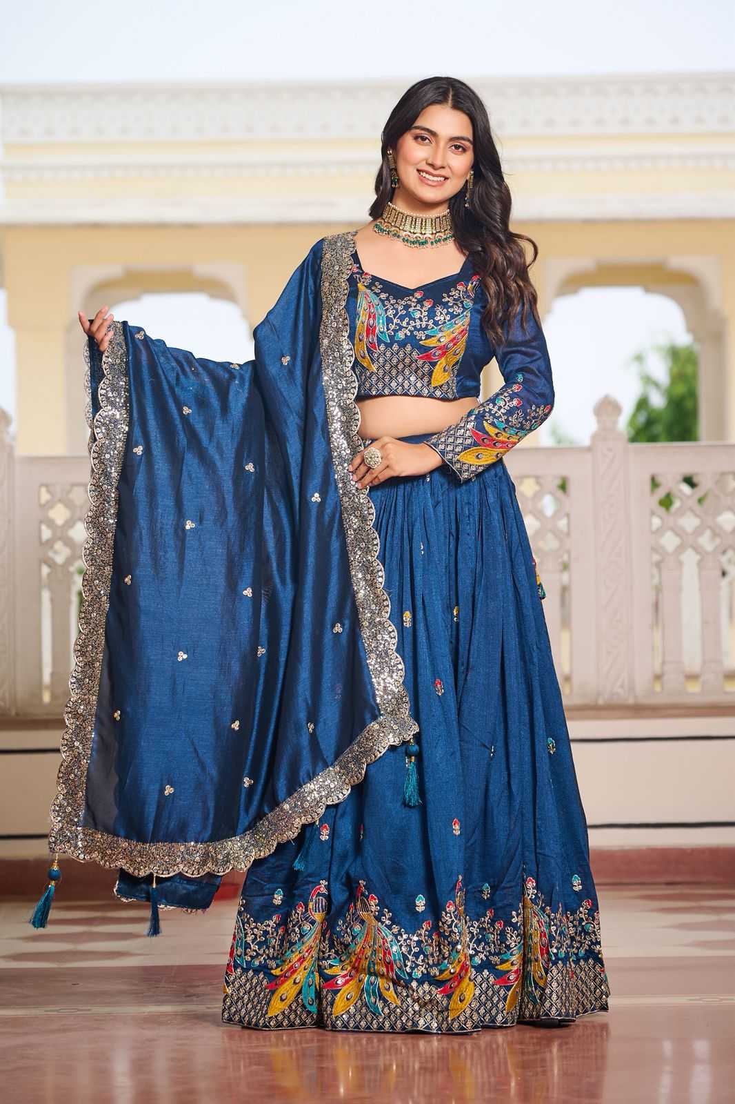 Soft Vichitra Embroidered Lehenga in Morpich