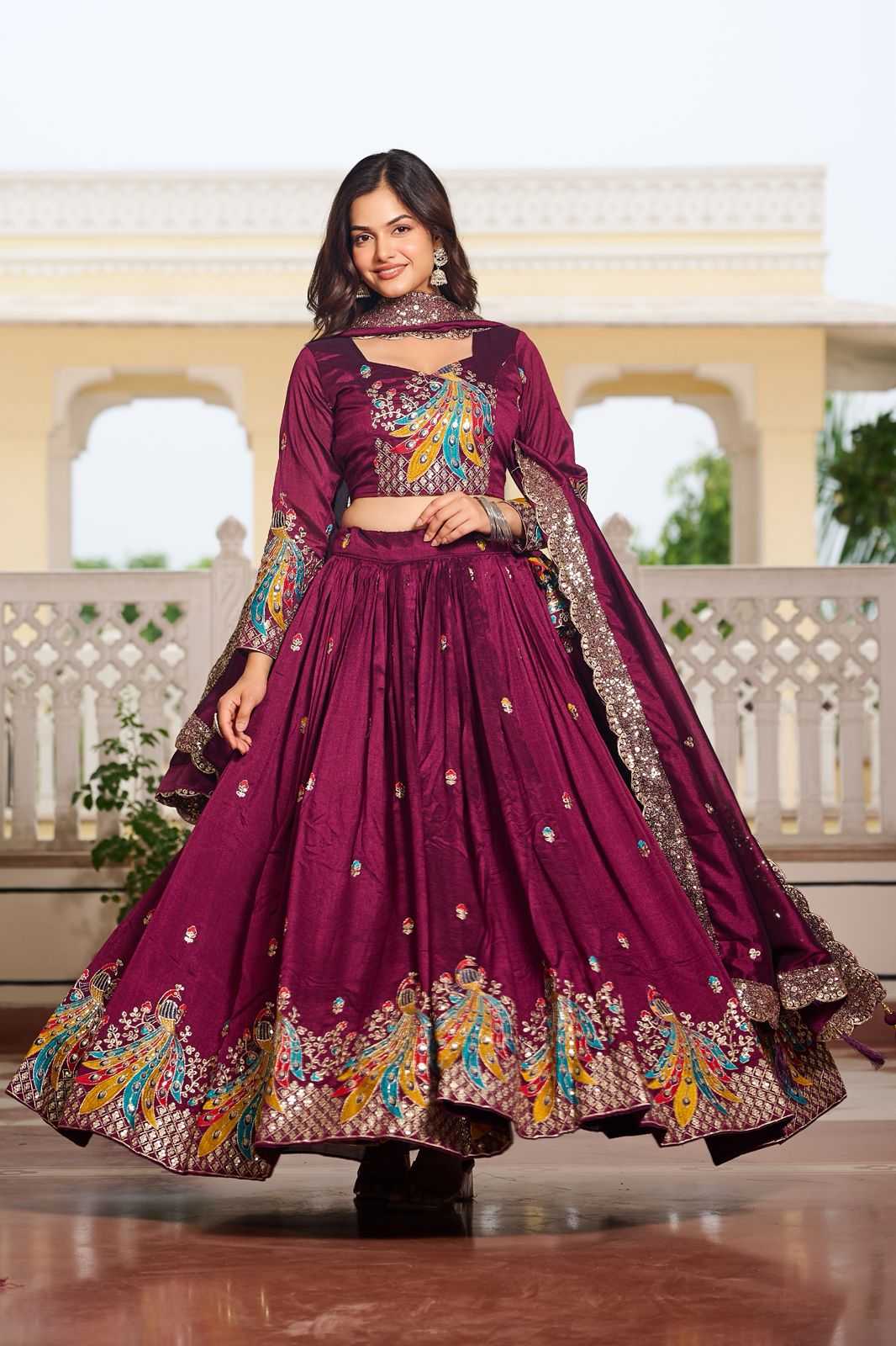 Soft Vichitra Embroidered Lehenga in Morpich