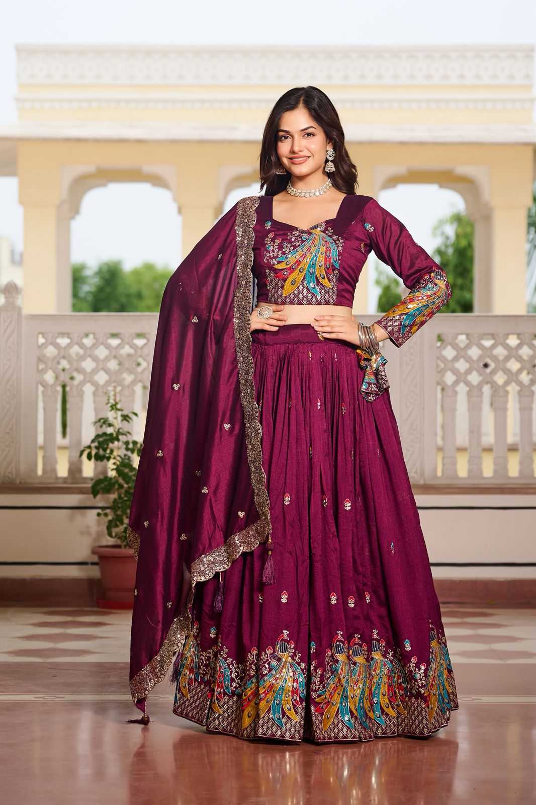 Soft Vichitra Embroidered Lehenga in Morpich