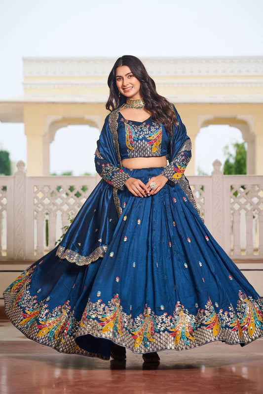 Soft Vichitra Embroidered Lehenga in Morpich