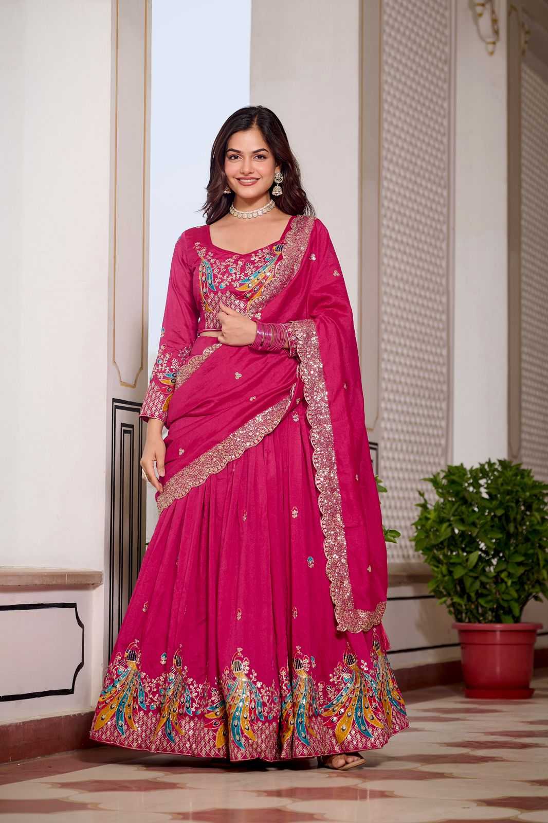 Soft Vichitra Embroidered Lehenga in Morpich