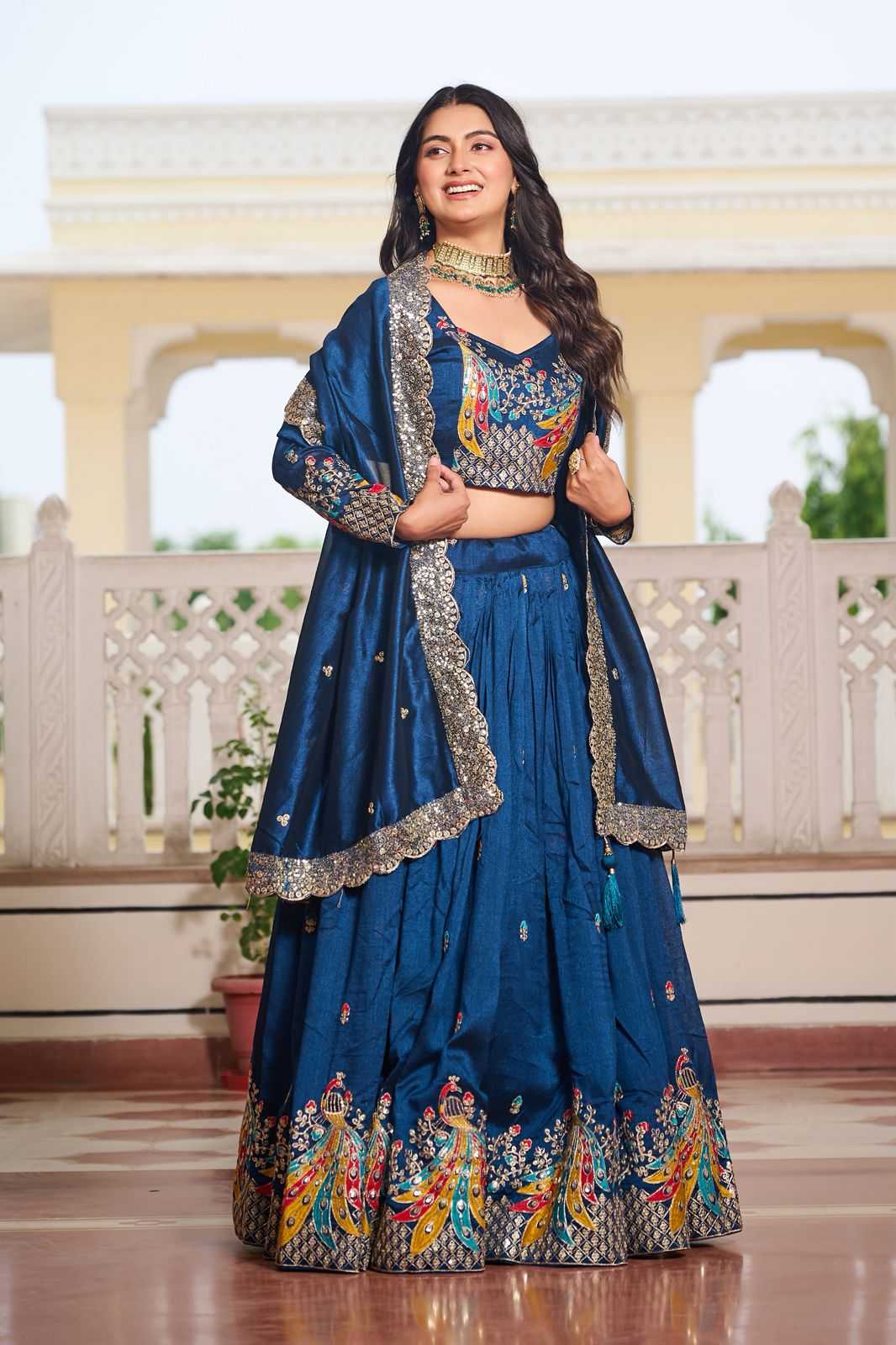 Soft Vichitra Embroidered Lehenga in Morpich