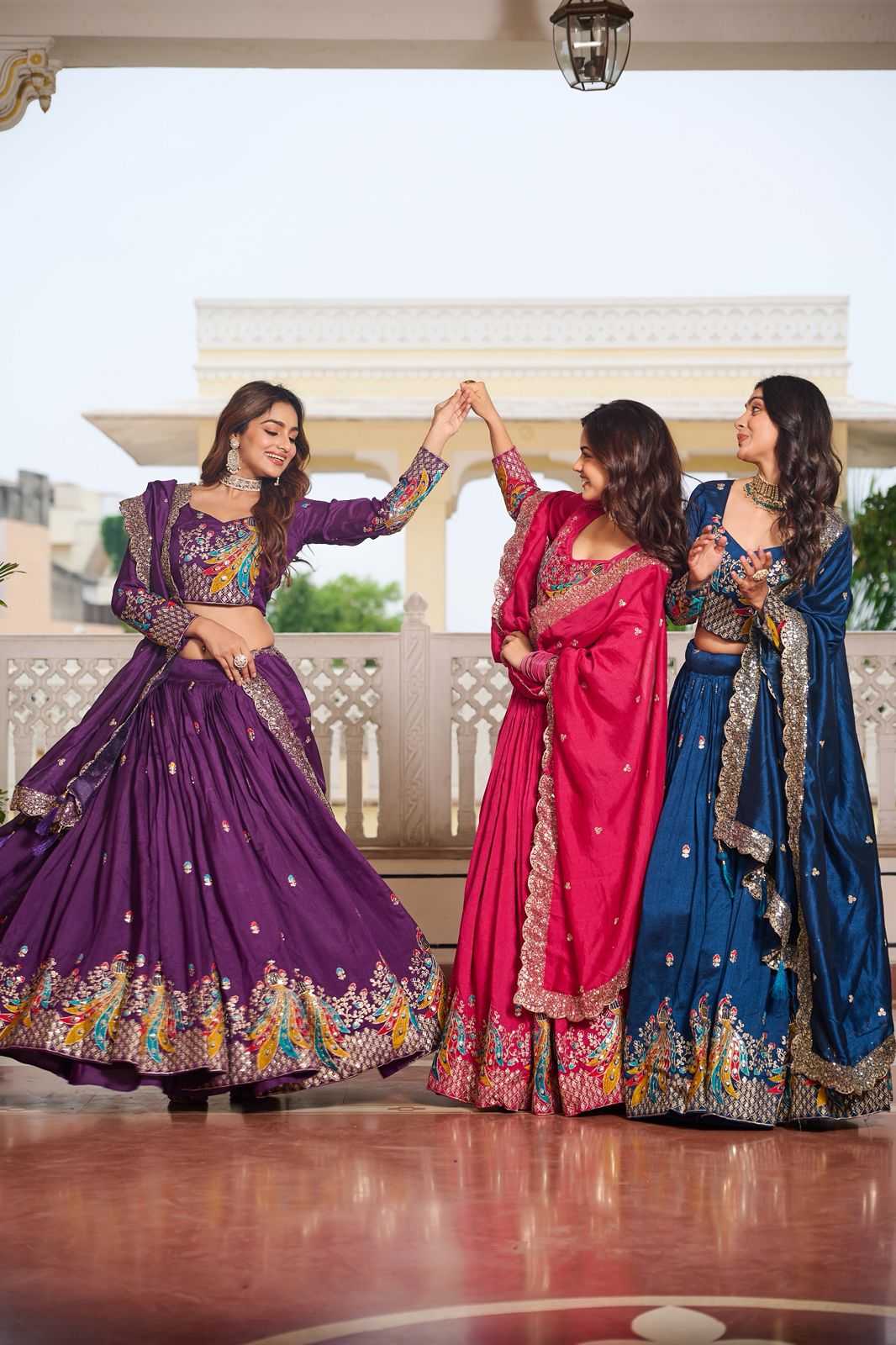 Soft Vichitra Embroidered Lehenga in Morpich