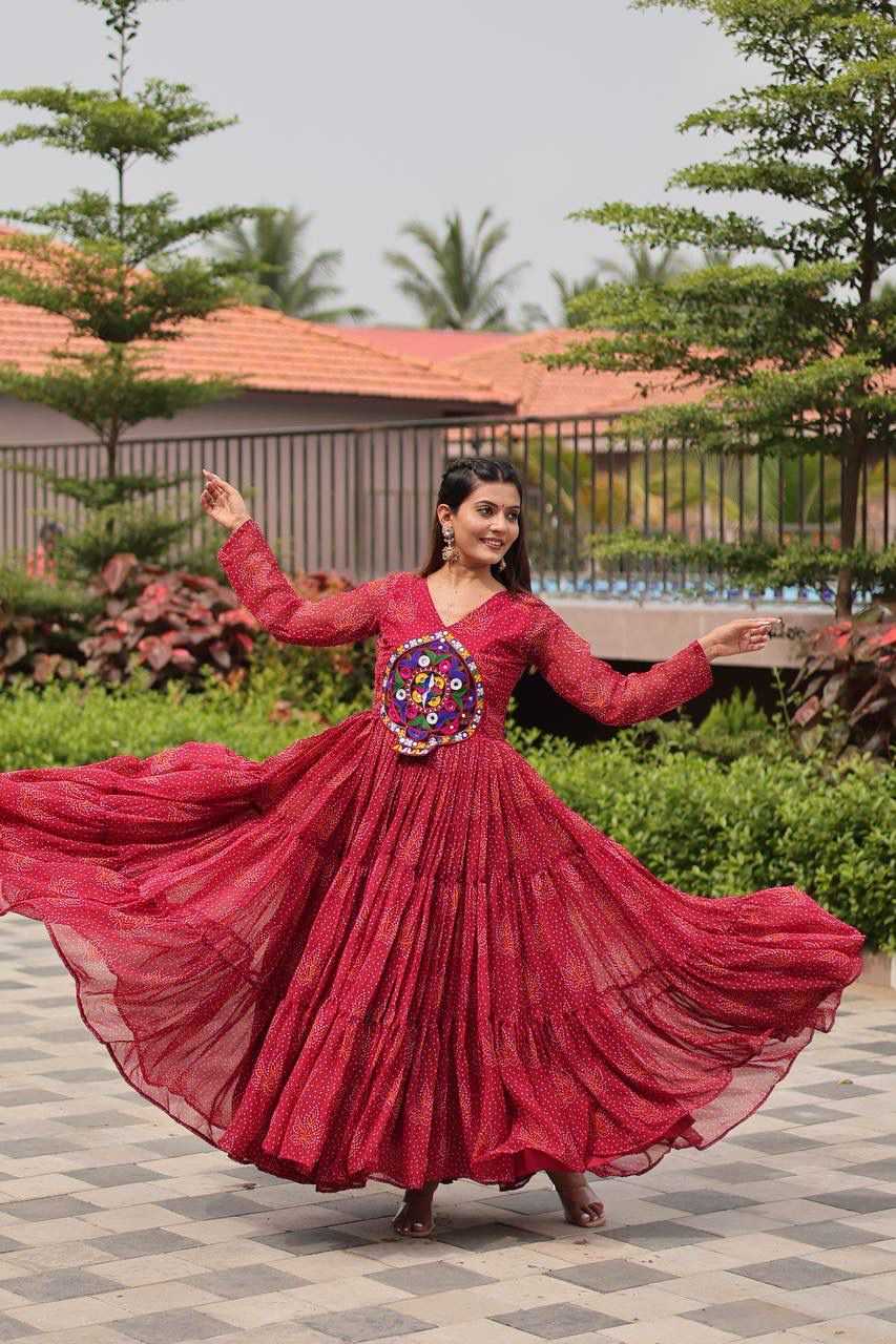 Faux Georgette Party Gown in Red