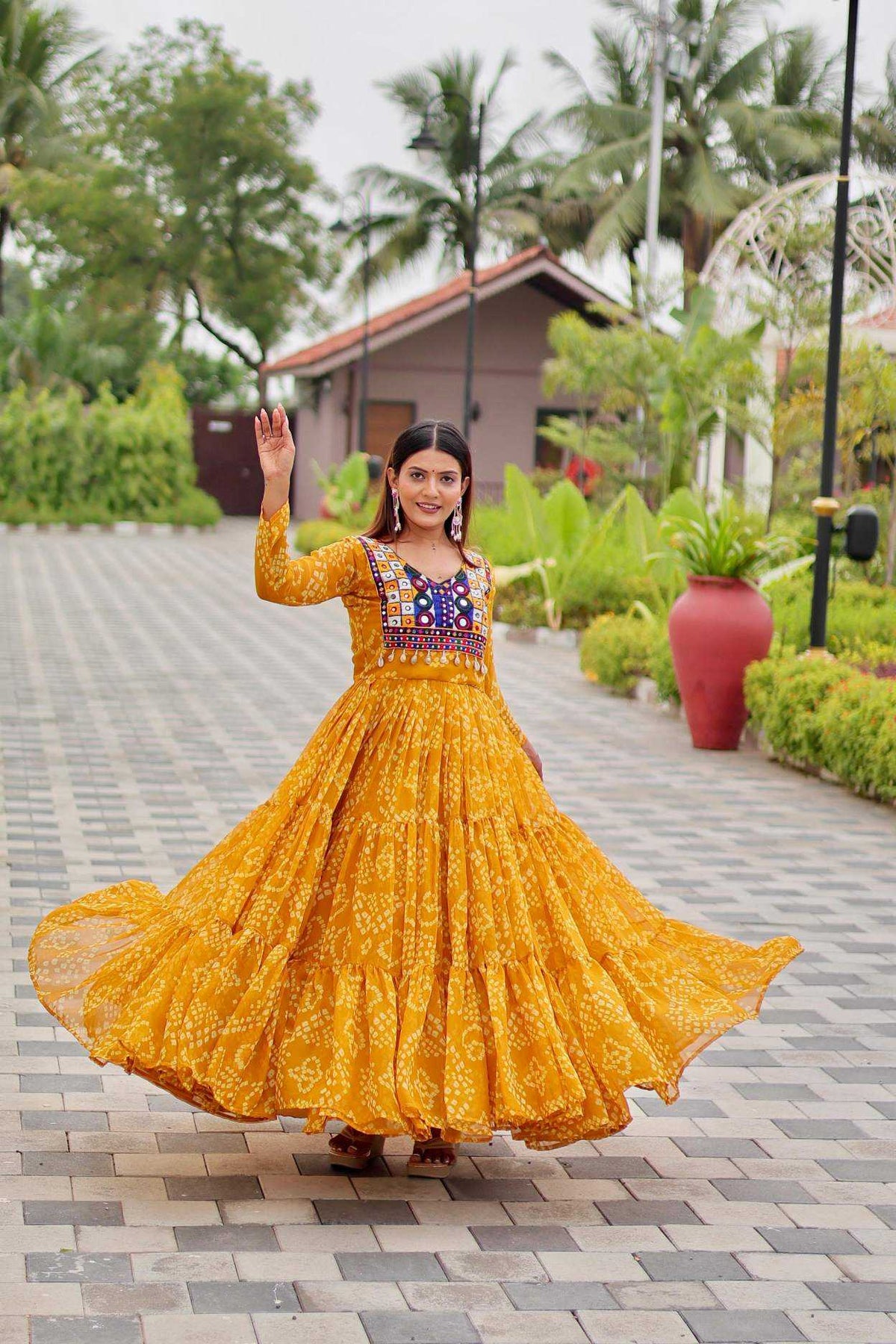 Faux Georgette Embroidery Gown in Yellow