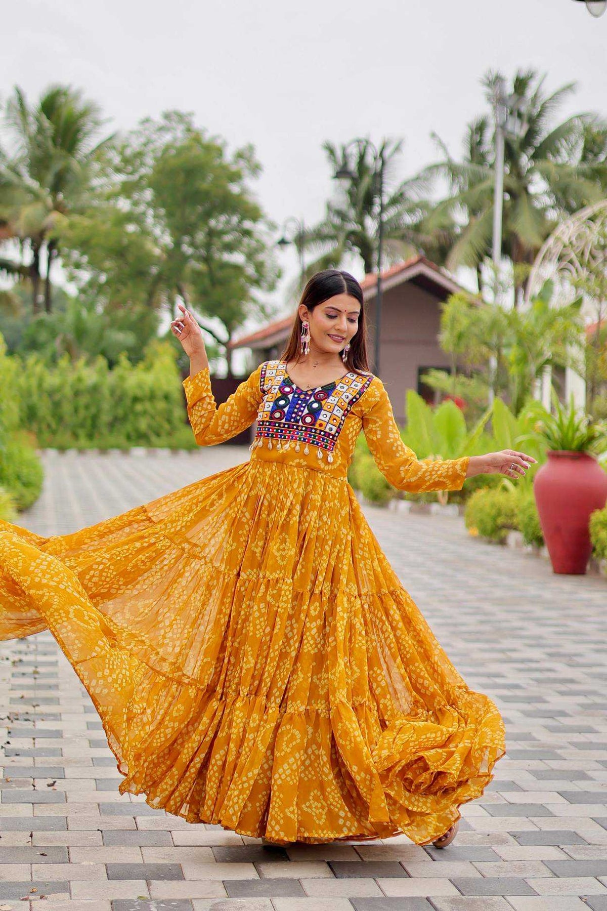 Faux Georgette Embroidery Gown in Yellow