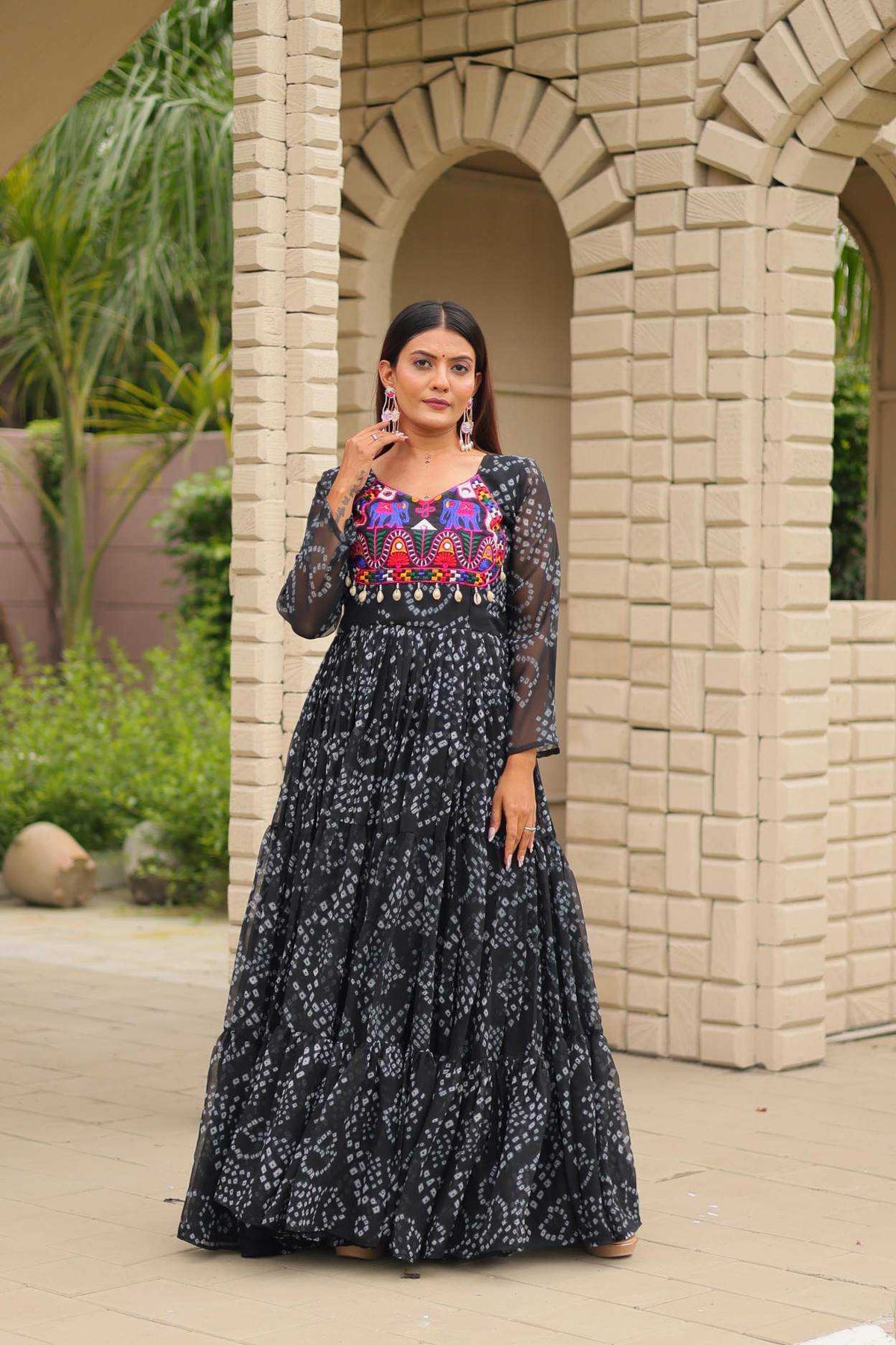Faux Georgette Embroidery Gown in Yellow