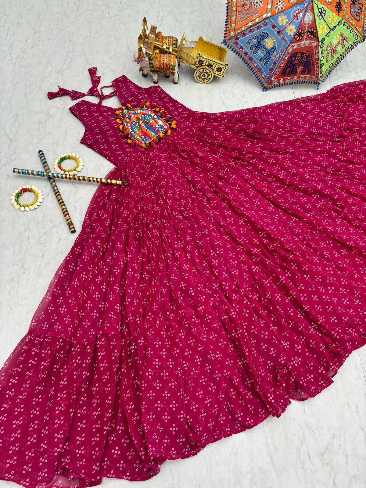 Faux Georgette Embroidery Gown in Rani