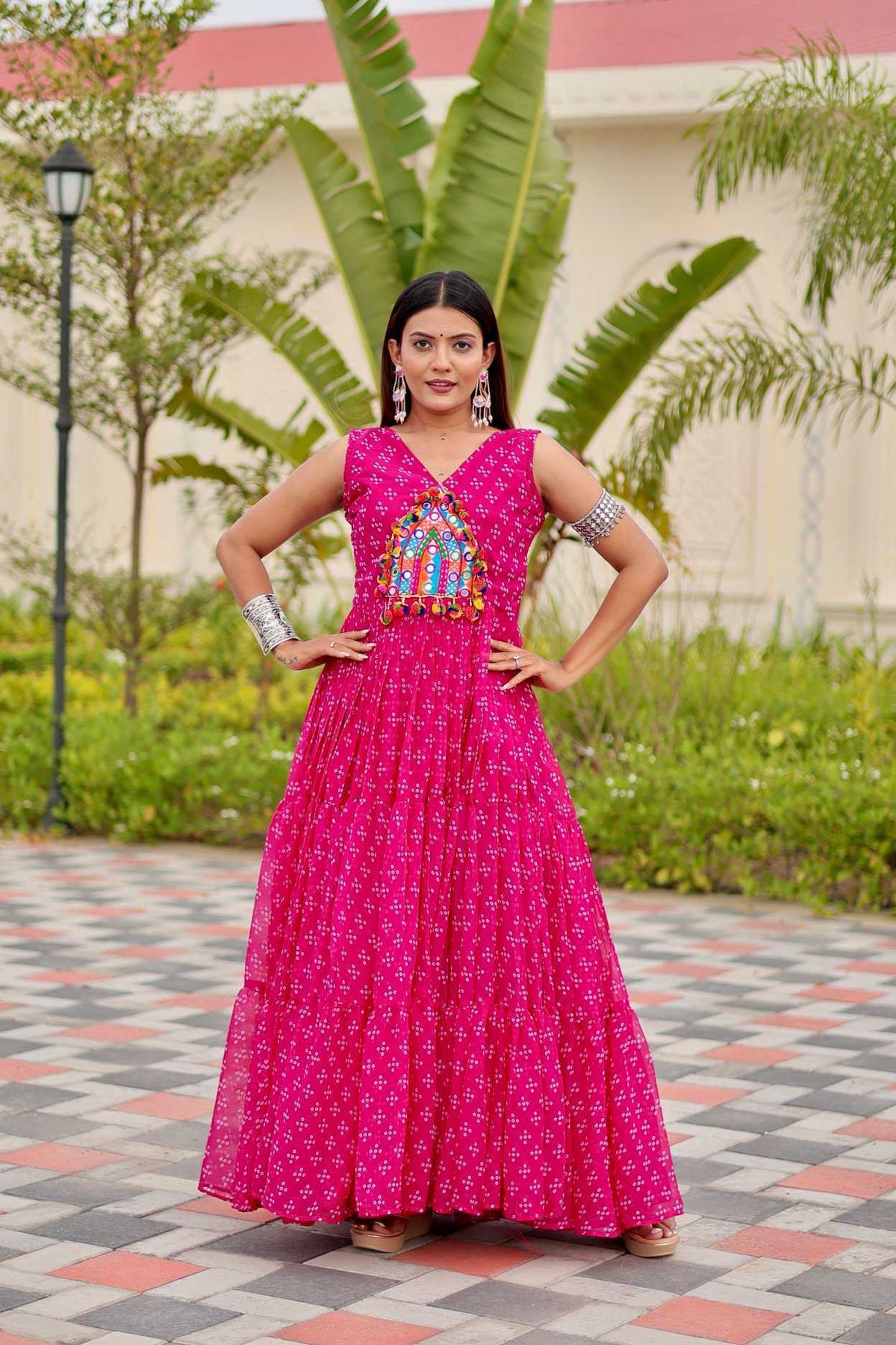 Faux Georgette Embroidery Gown in Rani