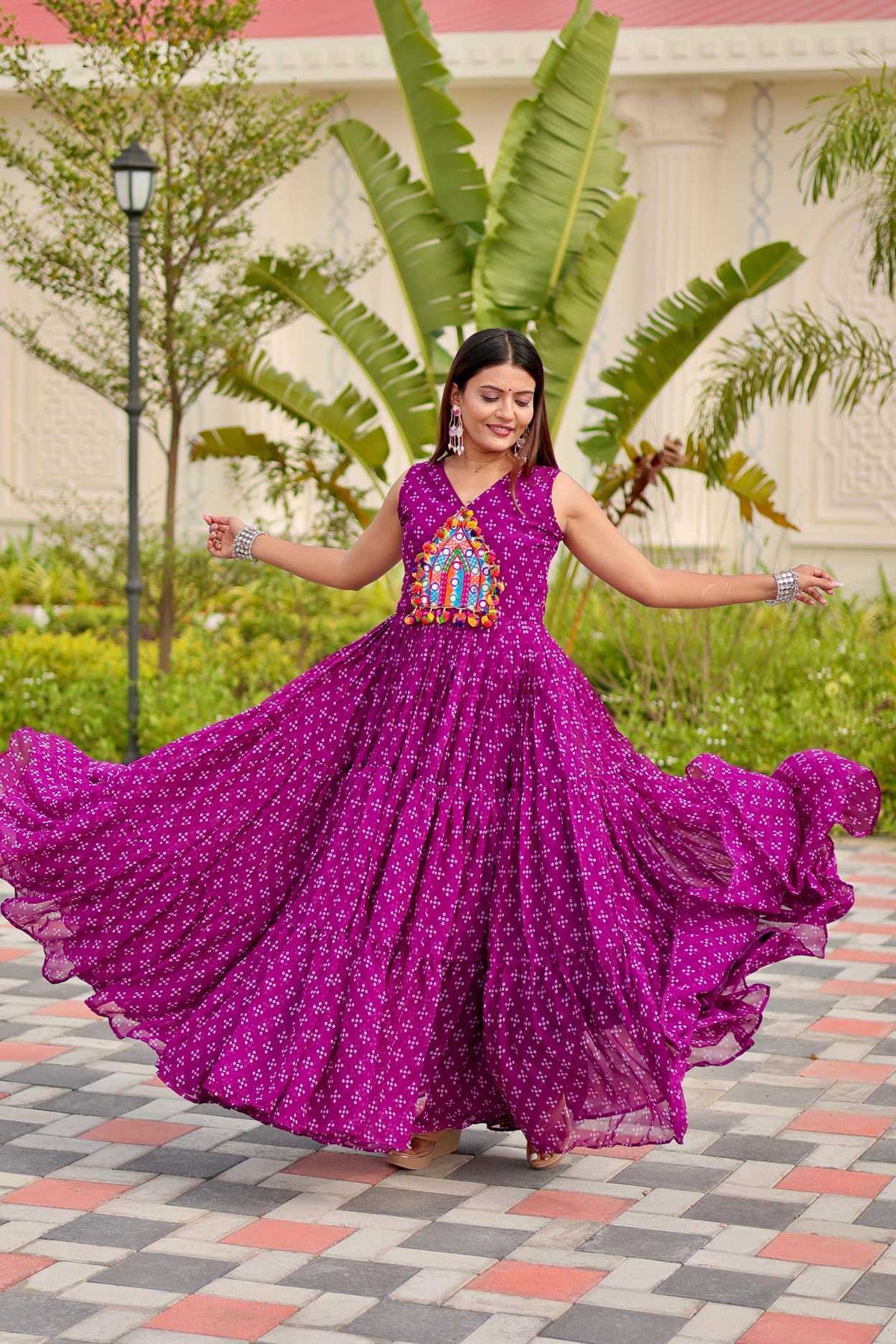 Faux Georgette Embroidery Gown in Rani