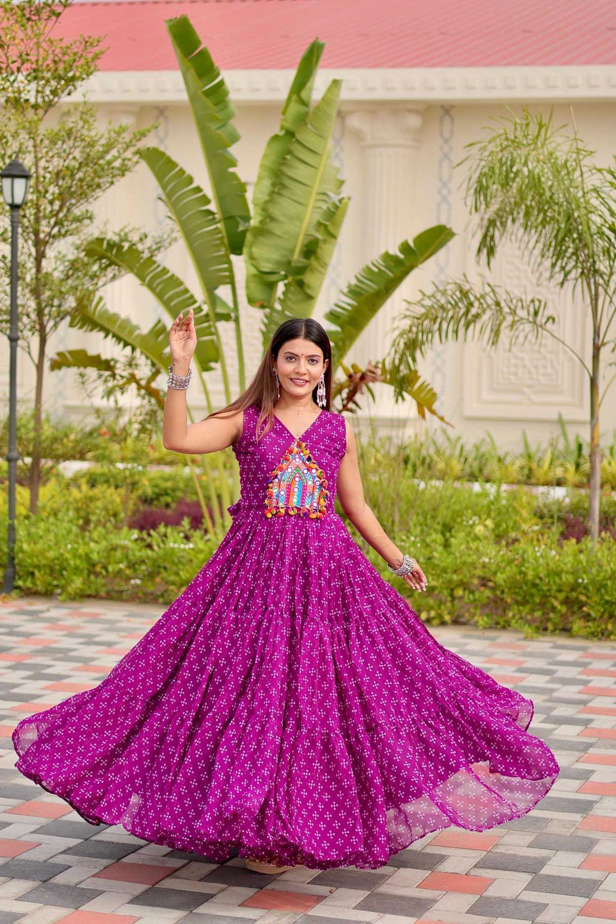Faux Georgette Embroidery Gown in Rani
