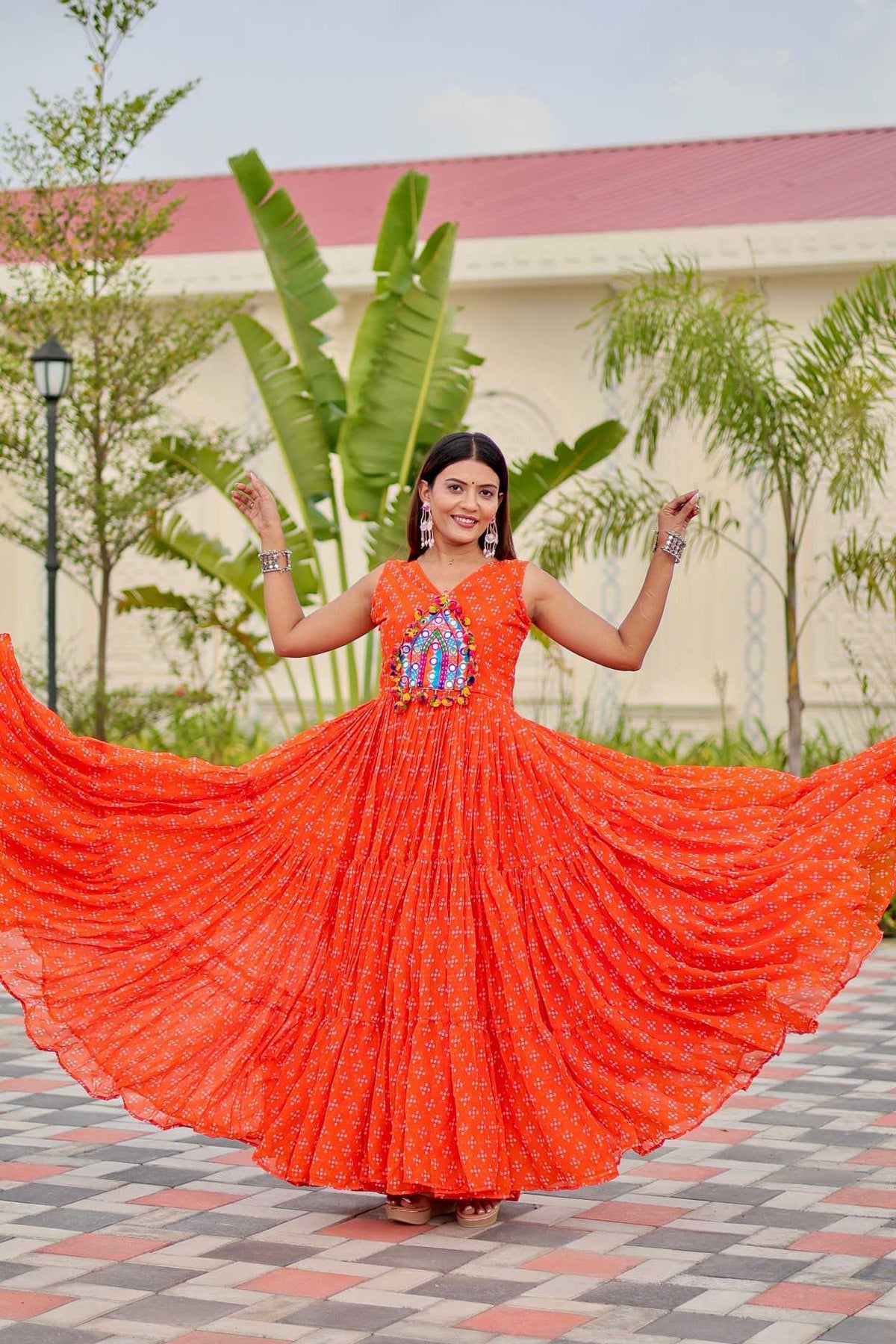Faux Georgette Embroidery Gown in Rani