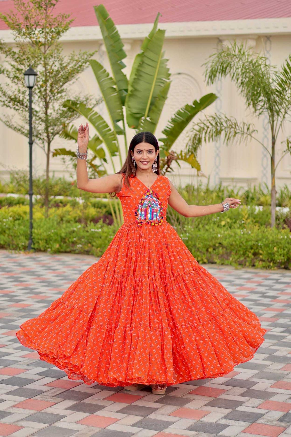 Faux Georgette Embroidery Gown in Rani